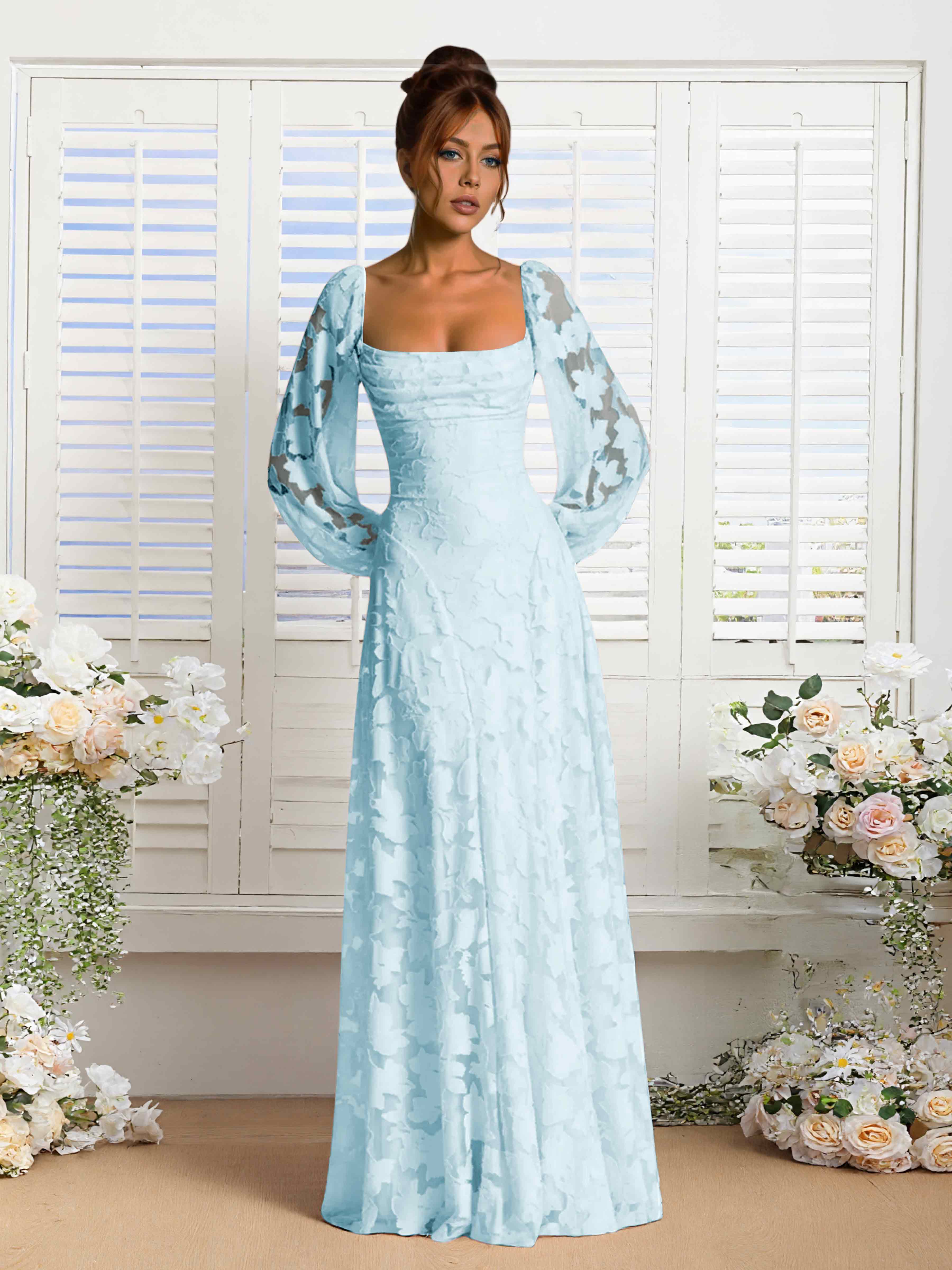 Xandra Delicate Long Sleeves Ruched Long Floral Lace Formal Dresses