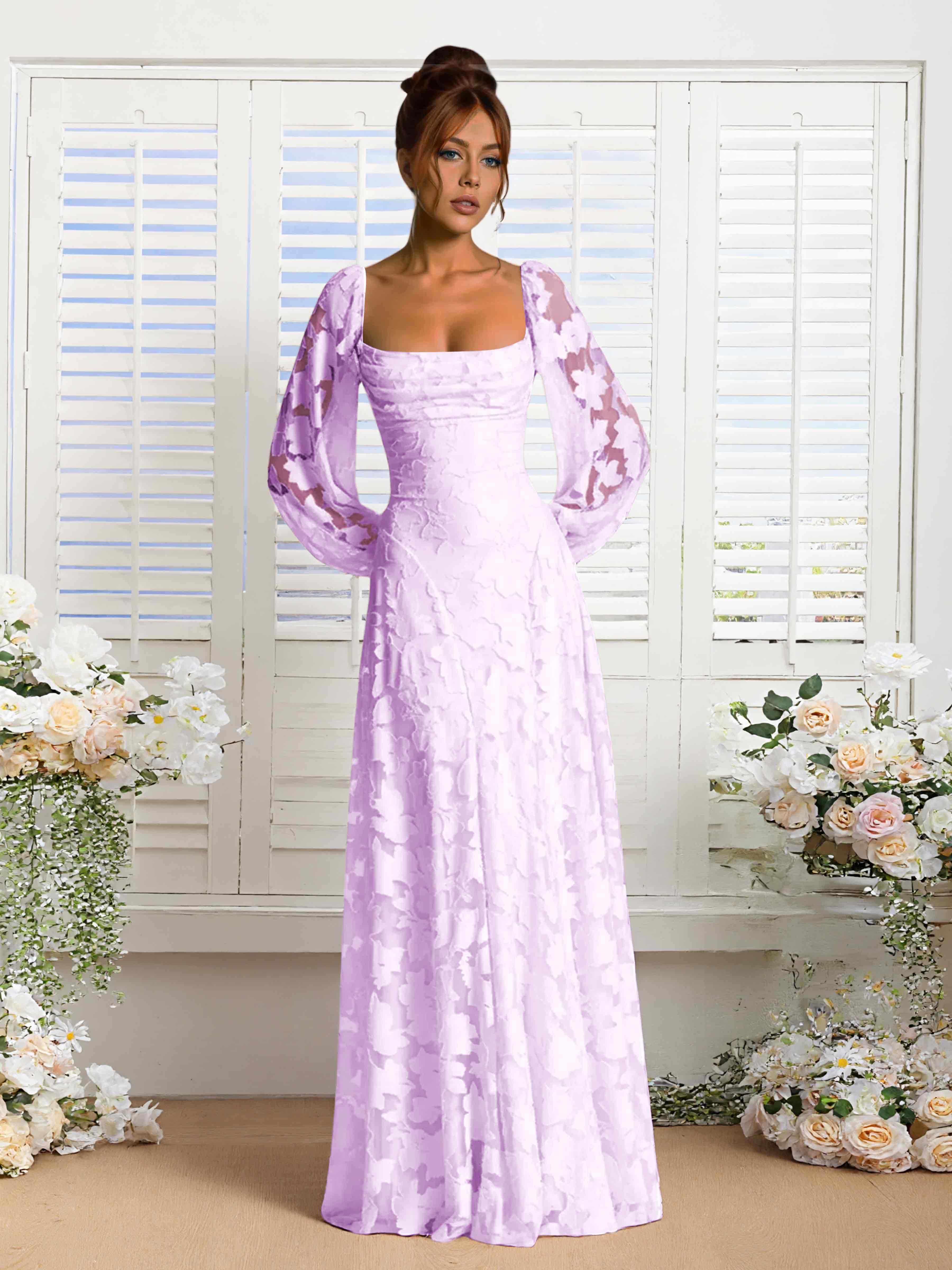 Xandra Delicate Long Sleeves Ruched Long Floral Lace Formal Dresses