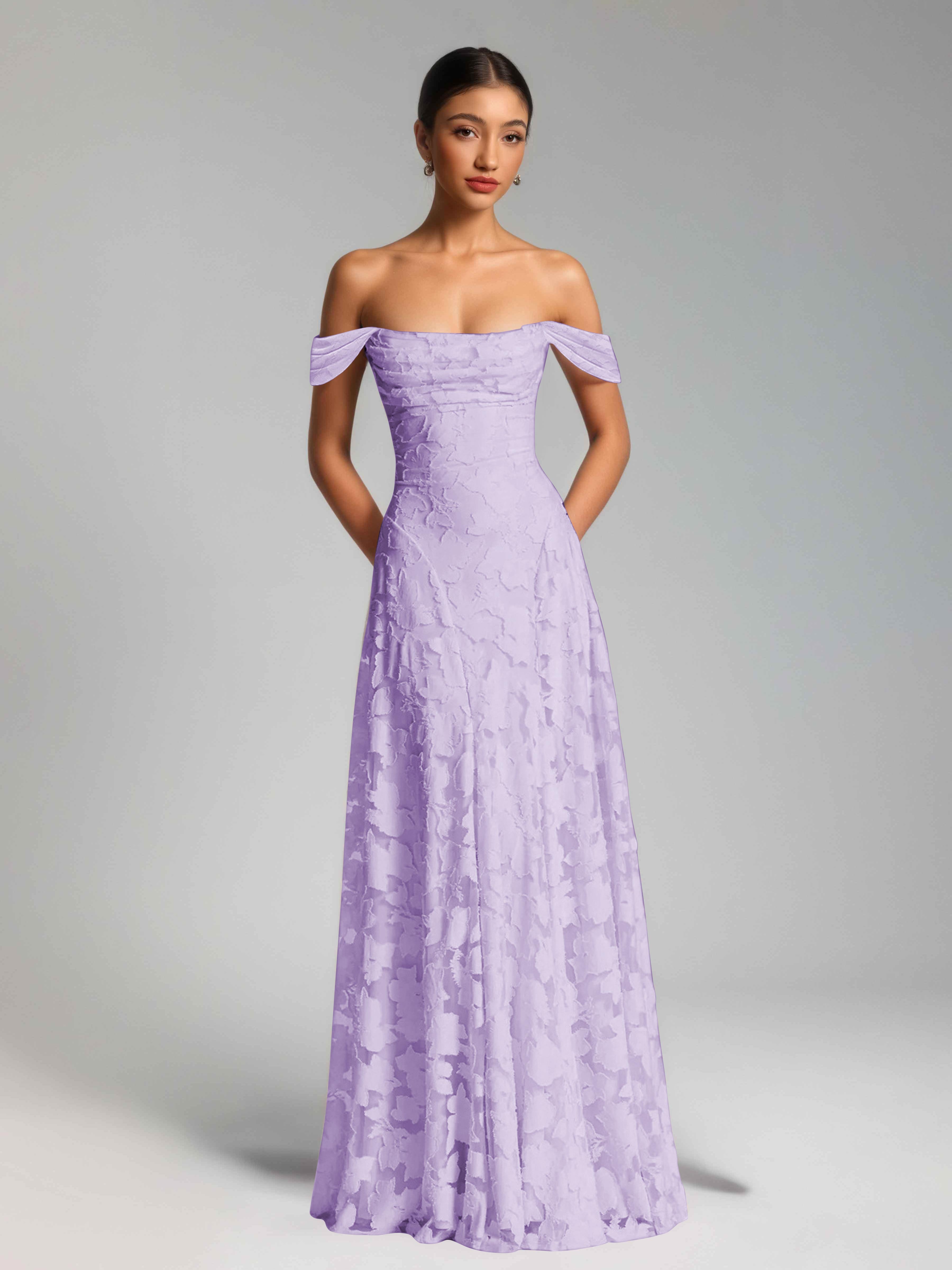 Oraelithra Graceful A-Line Off the Shoulder Floor Length Jacquard Bridesmaid Dresses