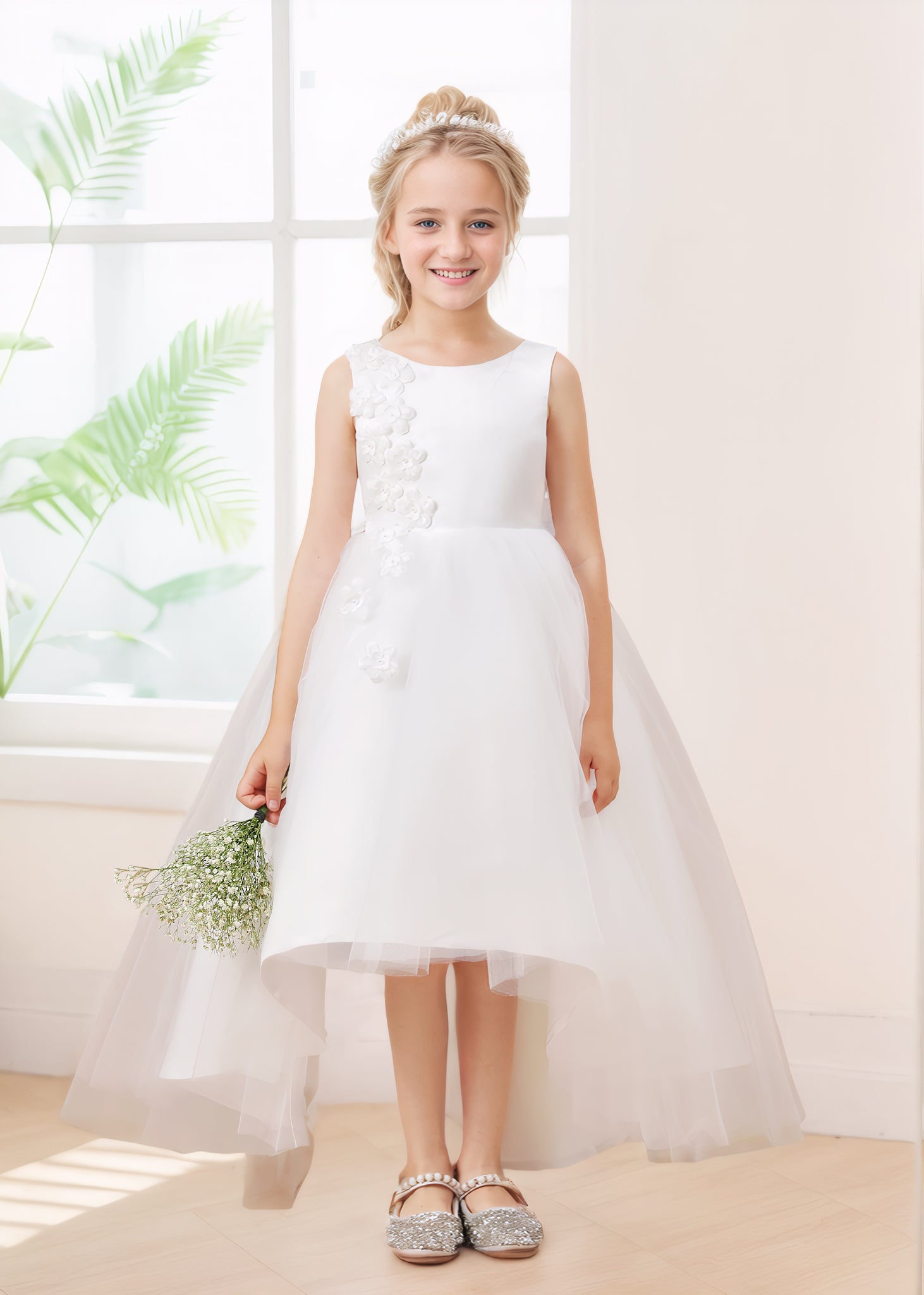 Lovely A-Line Sleeveless 3D Floral Tulle Satin Flower Girl Dresses