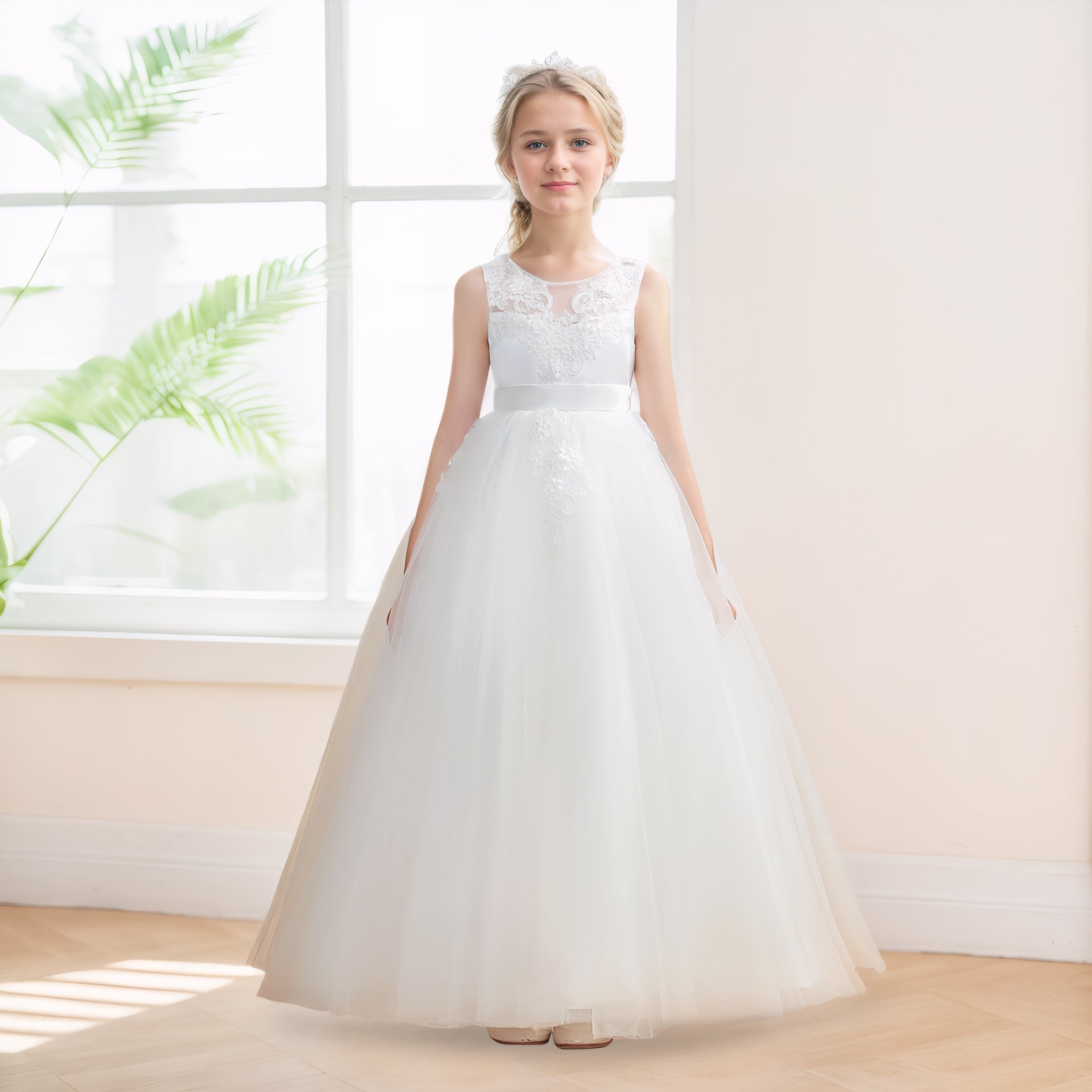Lovely Scoop Applique Bow Back Tulle Long Flower Girl Dresses