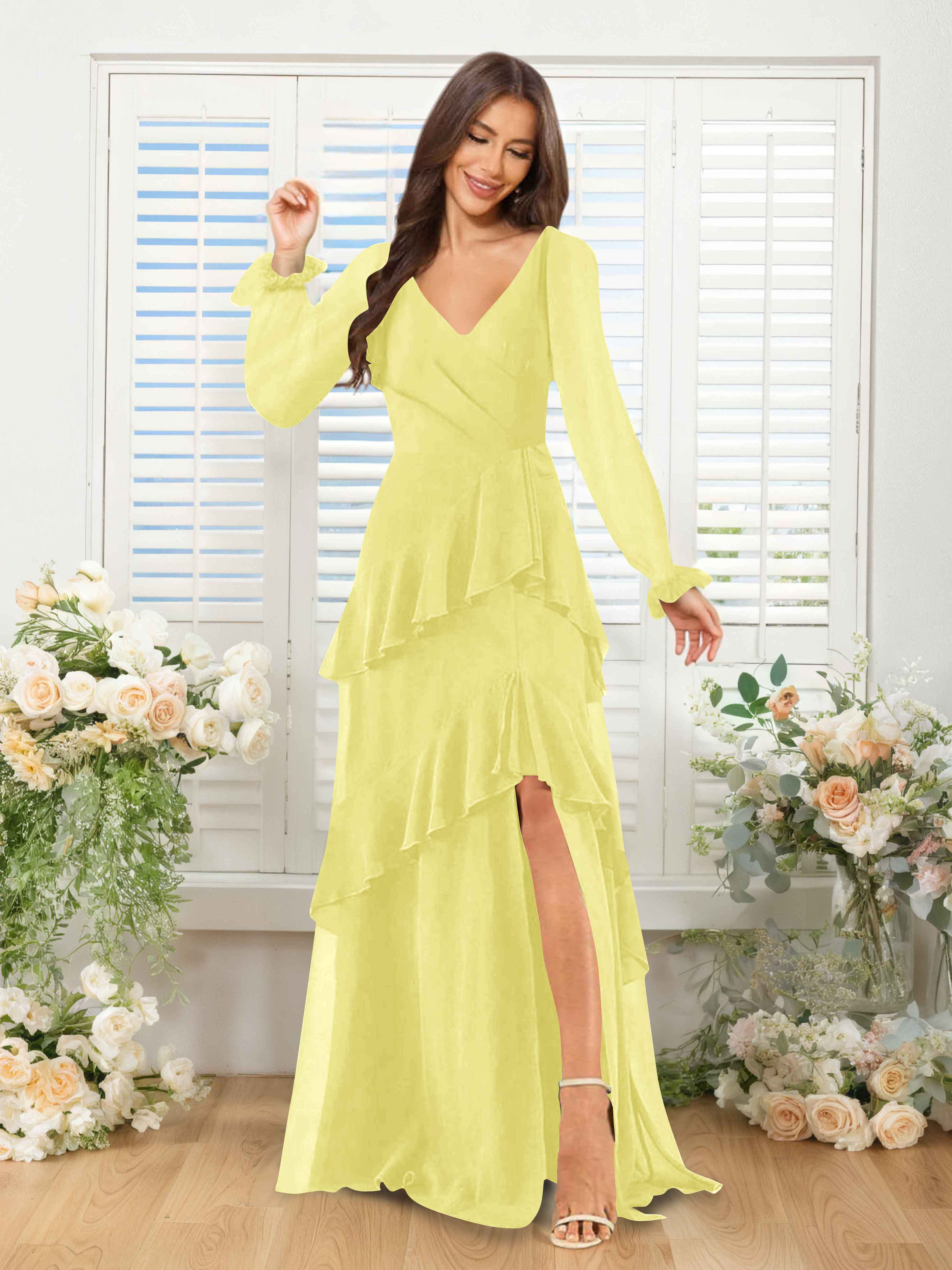 Lysara Refined A-Line Ruffles Long Sleeves Slit Long Chiffon Bridesmaid Dresses