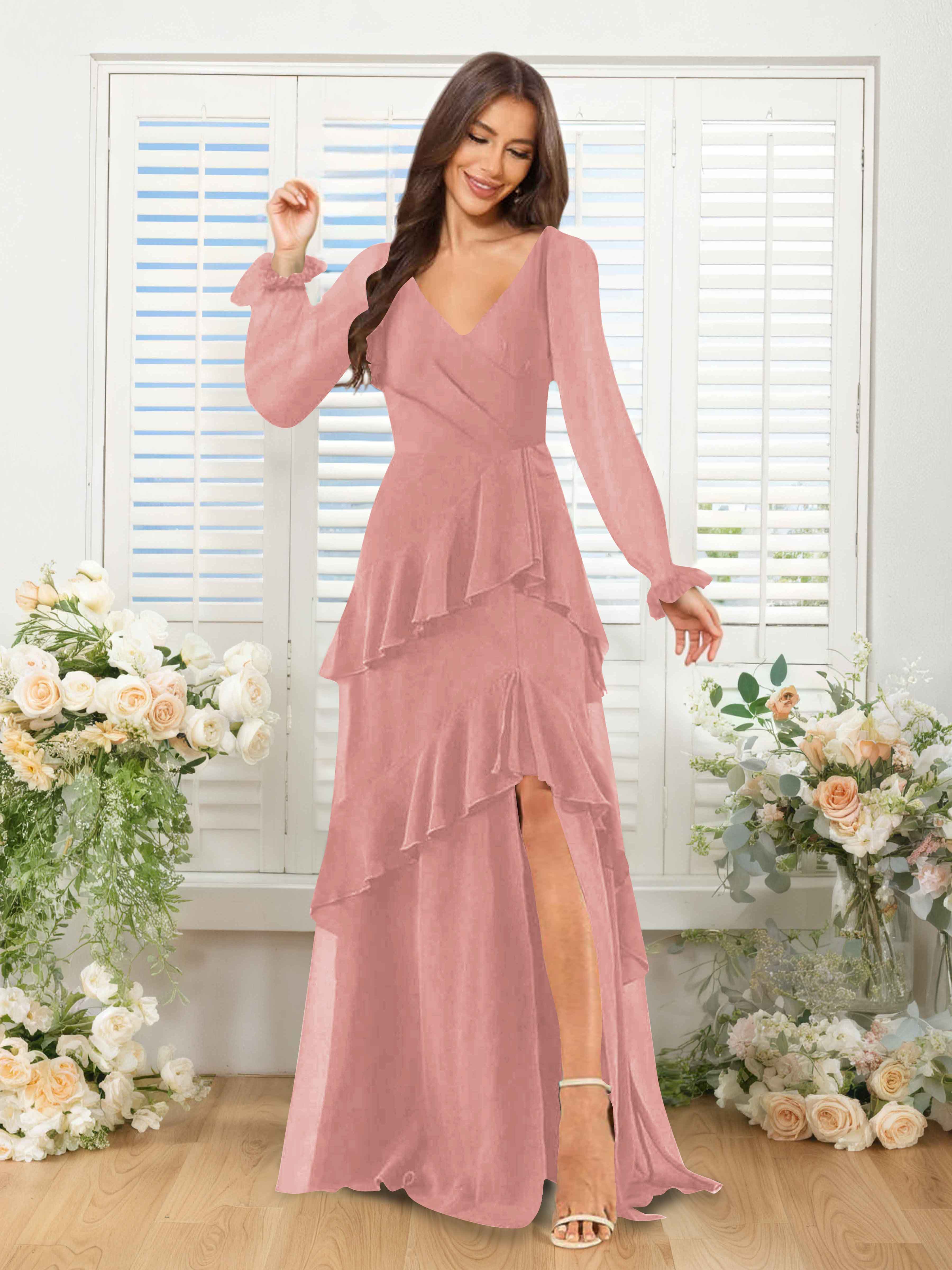 Lysara Refined A-Line Ruffles Long Sleeves Slit Long Chiffon Bridesmaid Dresses