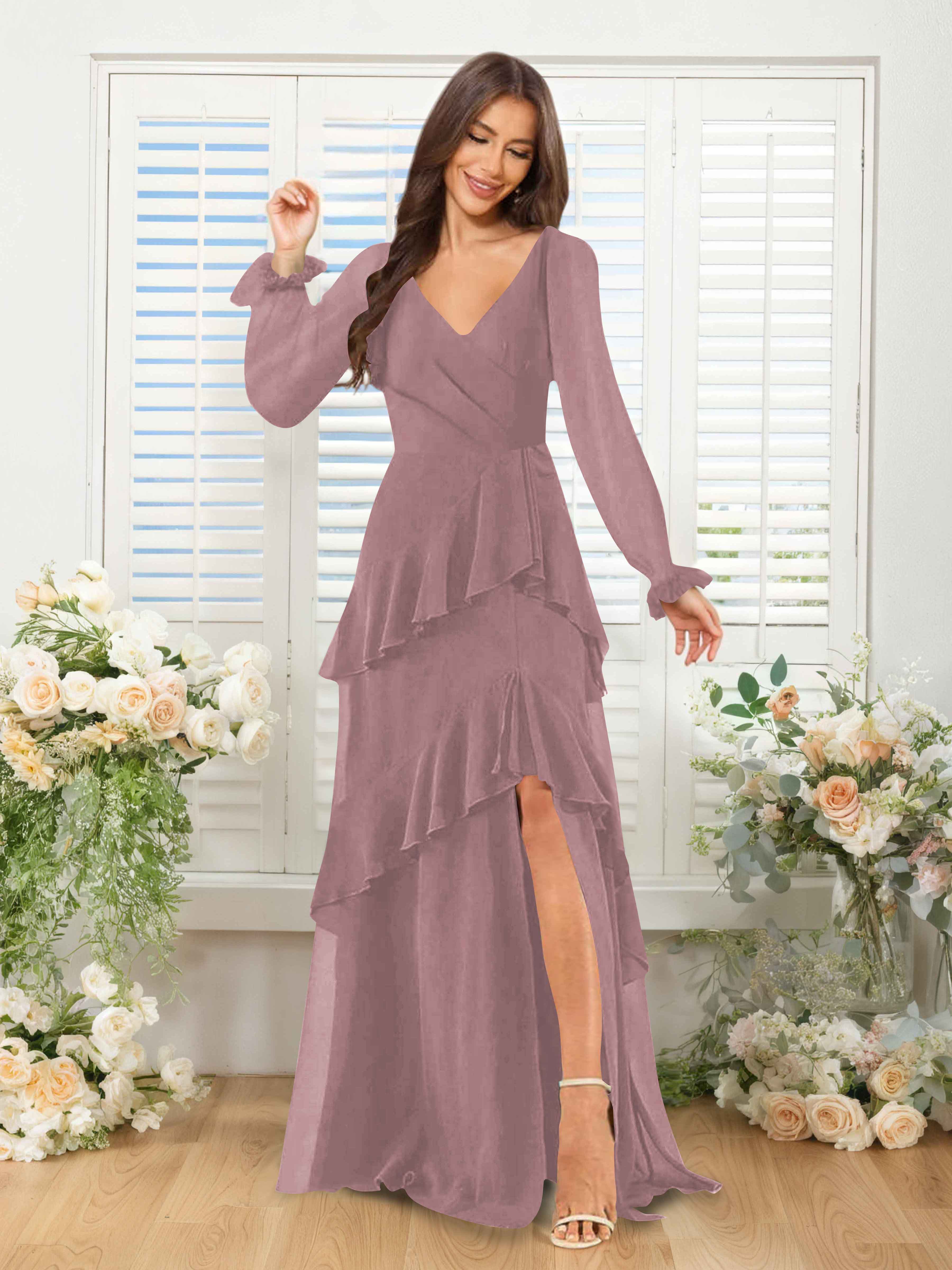 Lysara Refined A-Line Ruffles Long Sleeves Slit Long Chiffon Bridesmaid Dresses