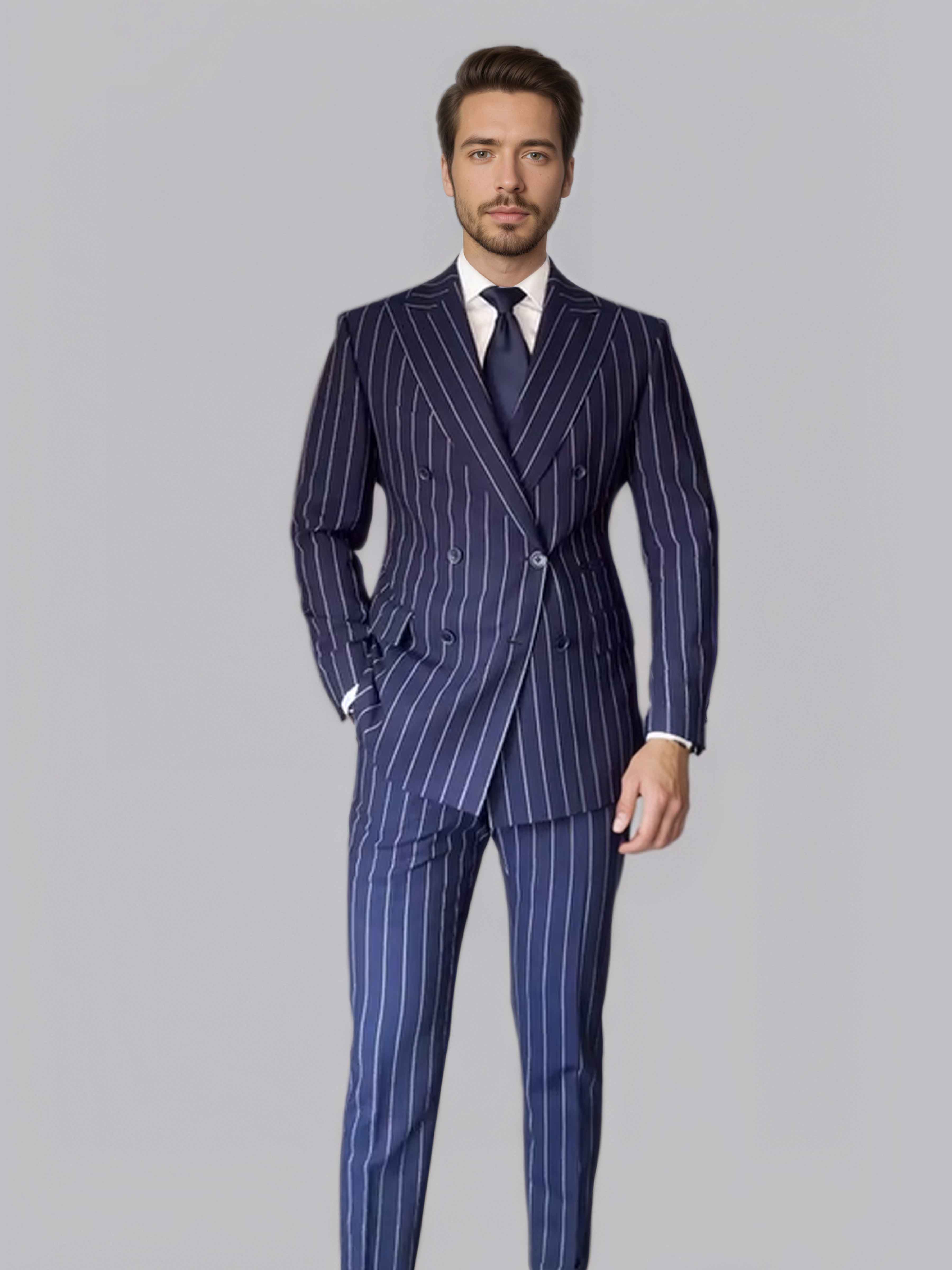 Modern 2 Pieces Men's Double Breasted Peak Lapel Vertical Stripe Suit UK