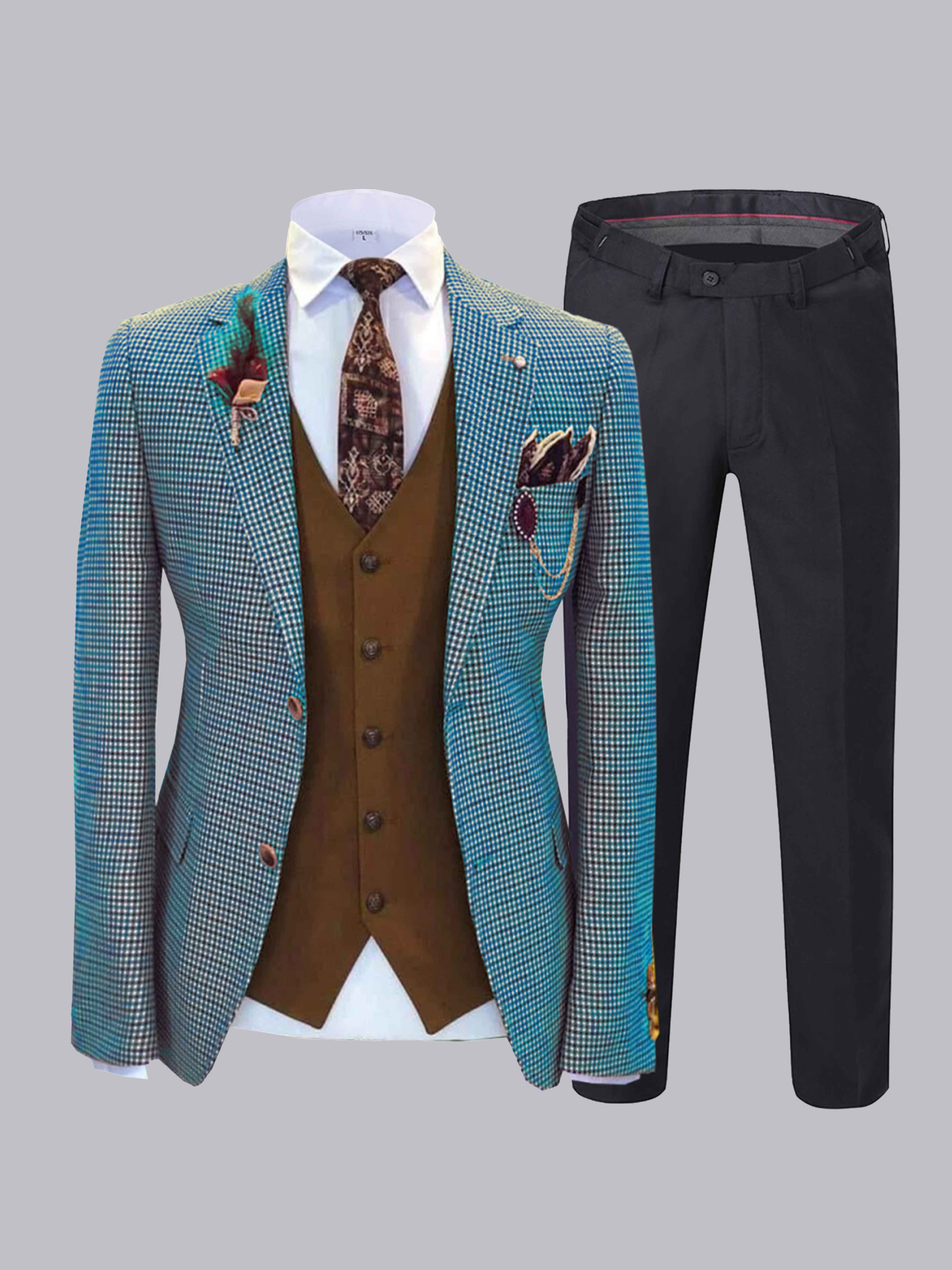 3 Pieces Men's Houndstooth Notch Lapel Two Buttons Suit UK