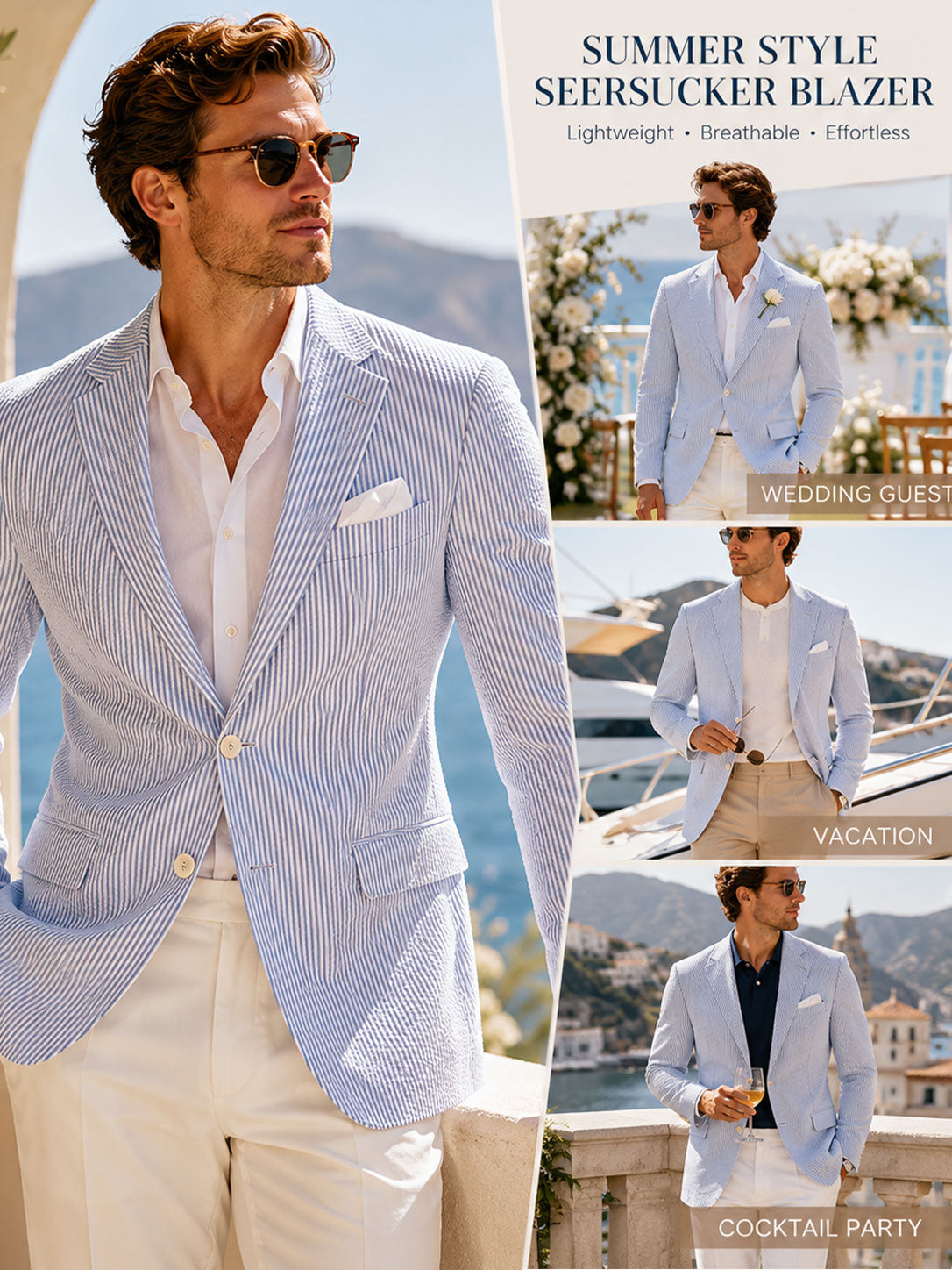 Chic Men's Regular Fit Striped Seersucker Blazer for Summer Wedding & Vacation UK