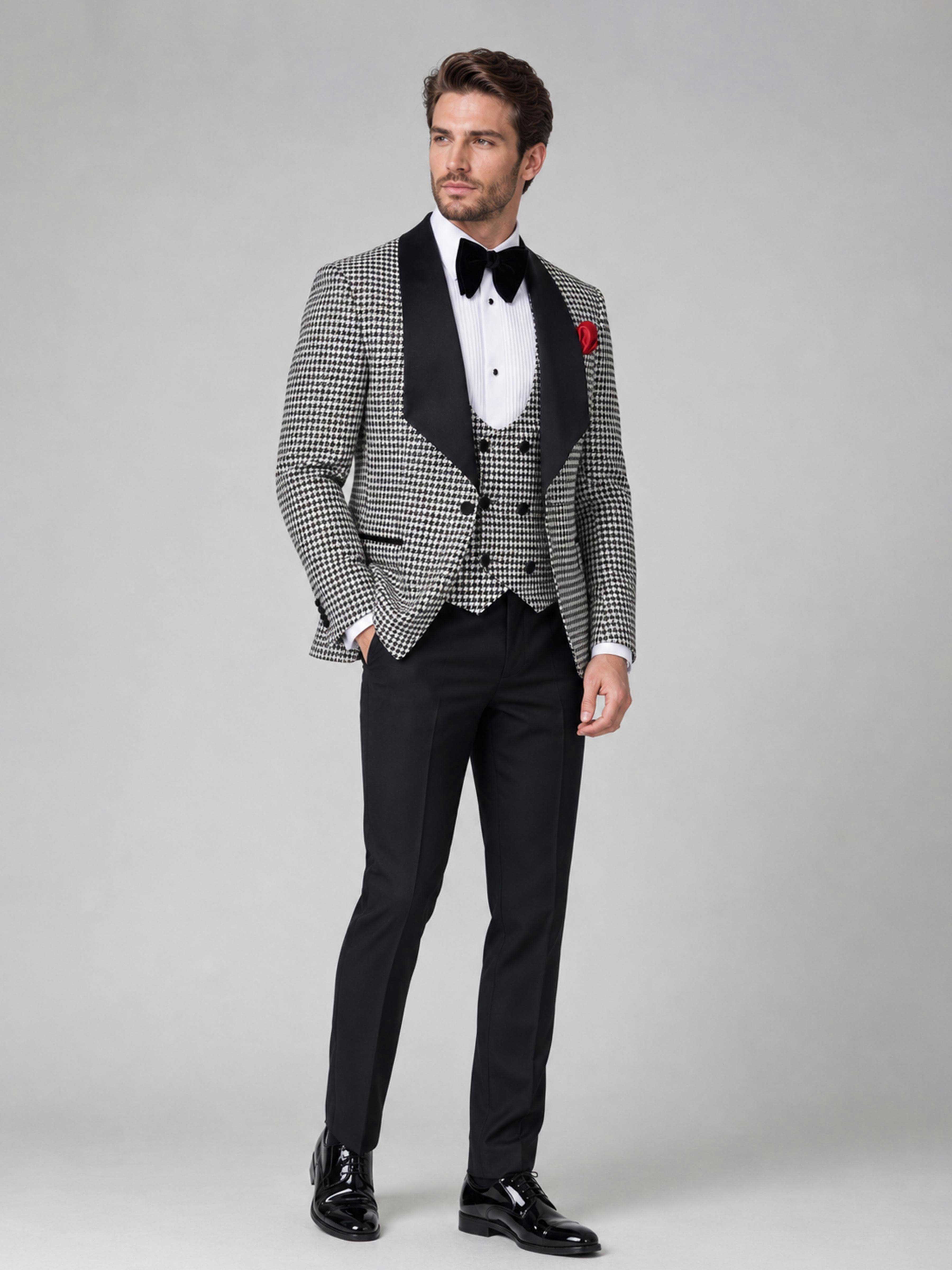 Sophisticated Houndstooth Tuxedo Suit for Men with Shawl Lapel UK