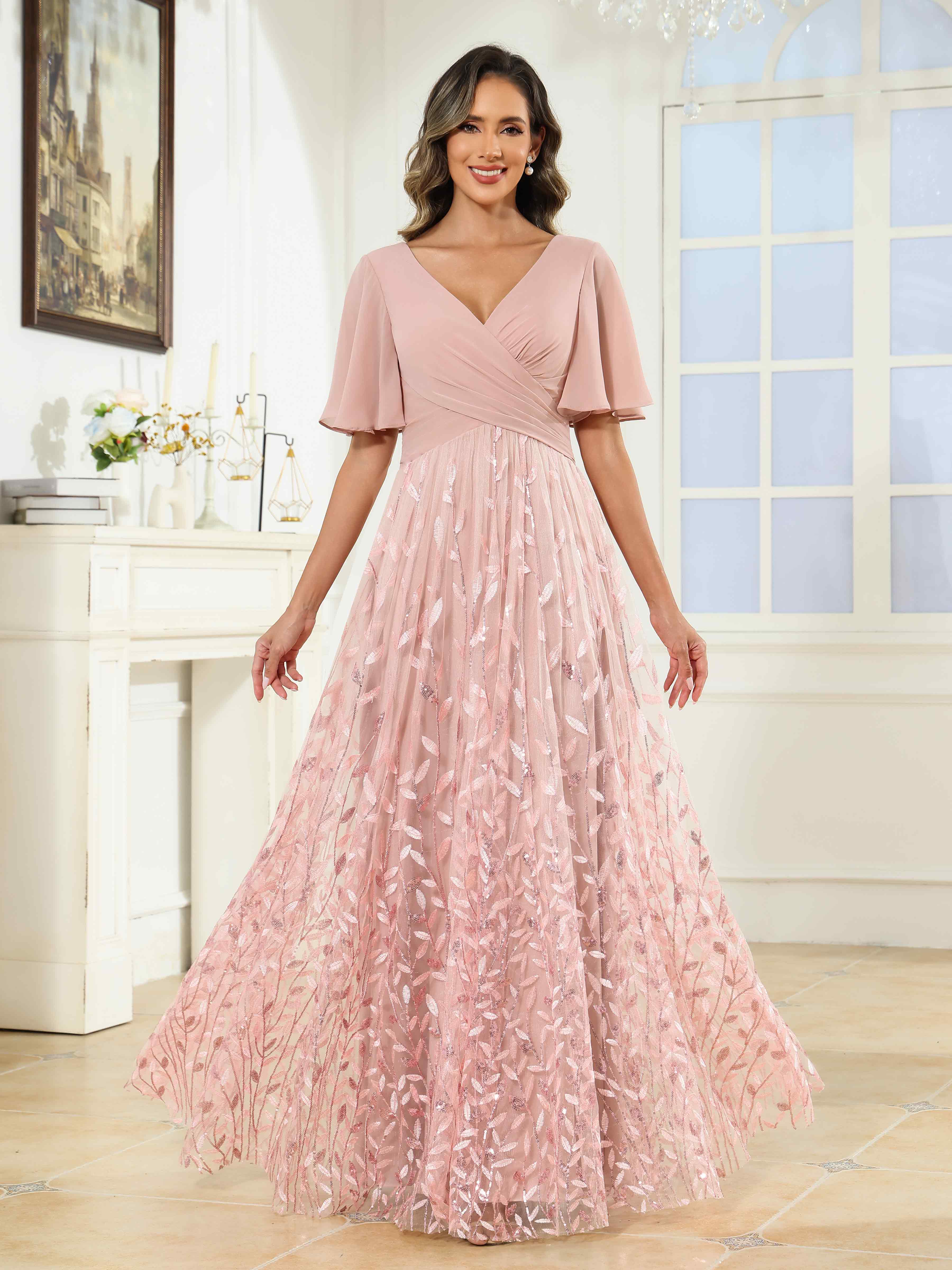 Marina Graceful V Neck Sequins Chiffon Long Mother of the Bride Dresse