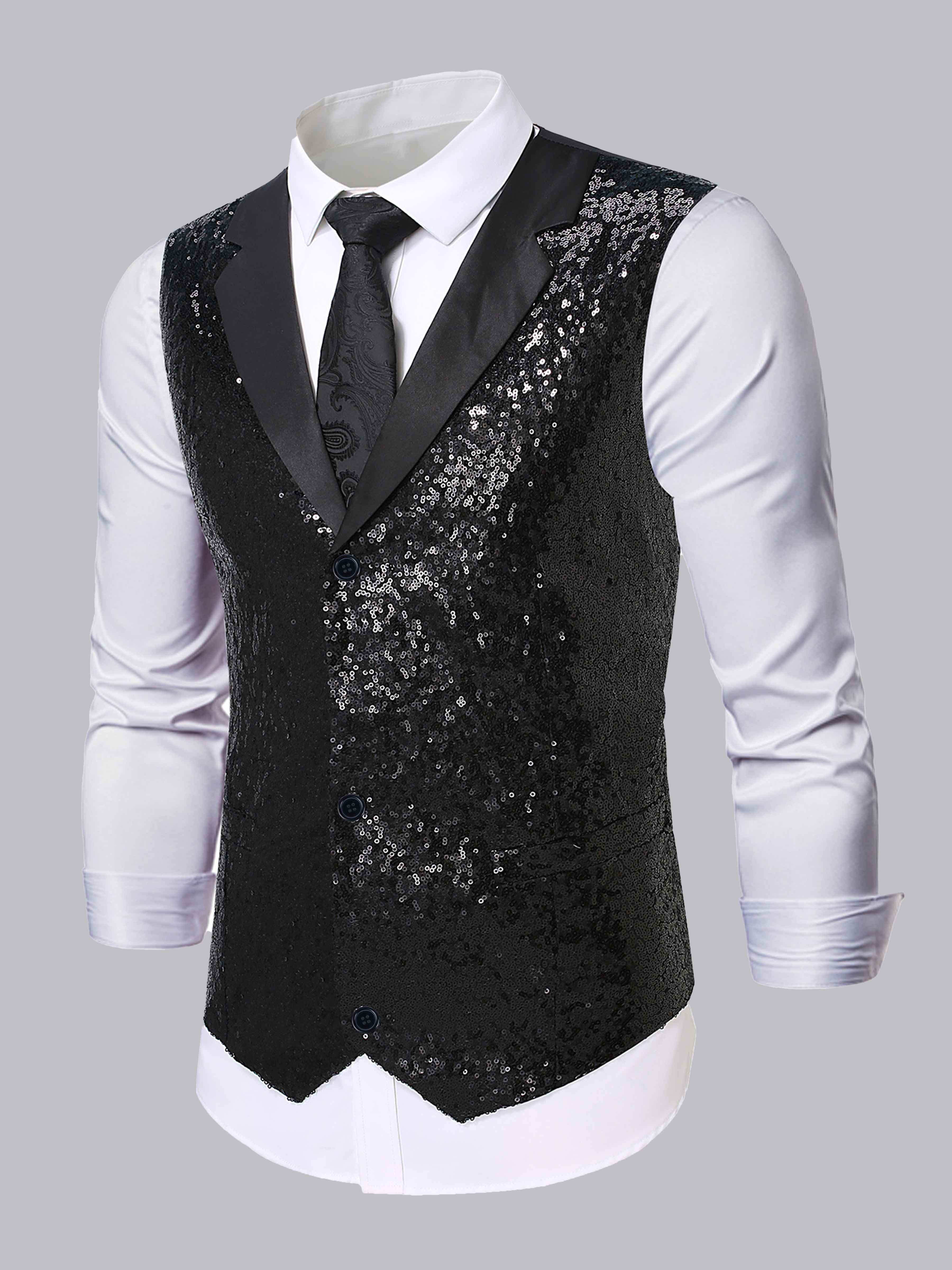 Men's Sequin Notch Lapel Three Buttons Vest UK