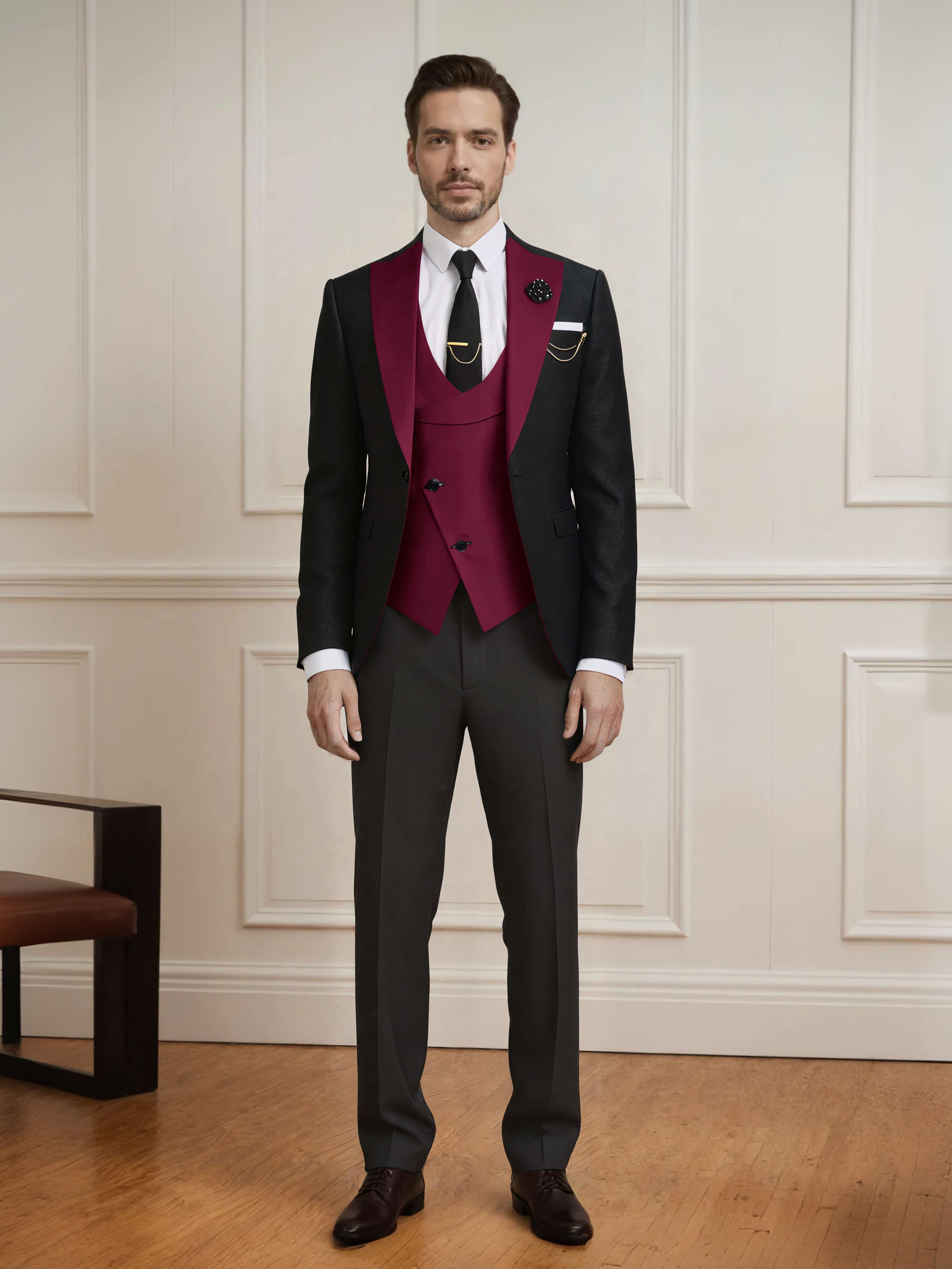 Meticulous Men's One Button Color Block Design 3 Pieces Wedding & Business Suits