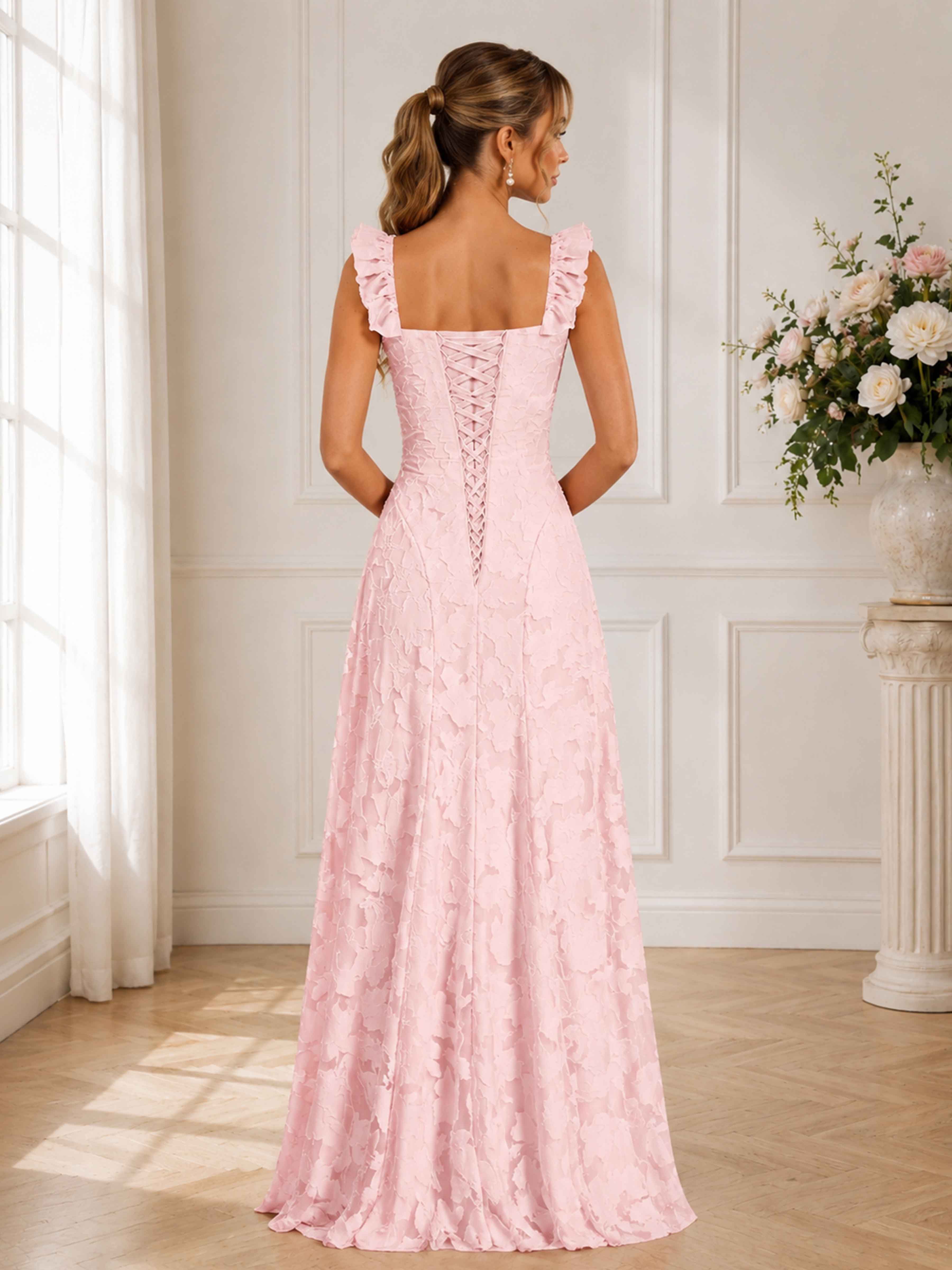Milena A-Line Square Neck Floral Jacquard Bridesmaid Dress UK