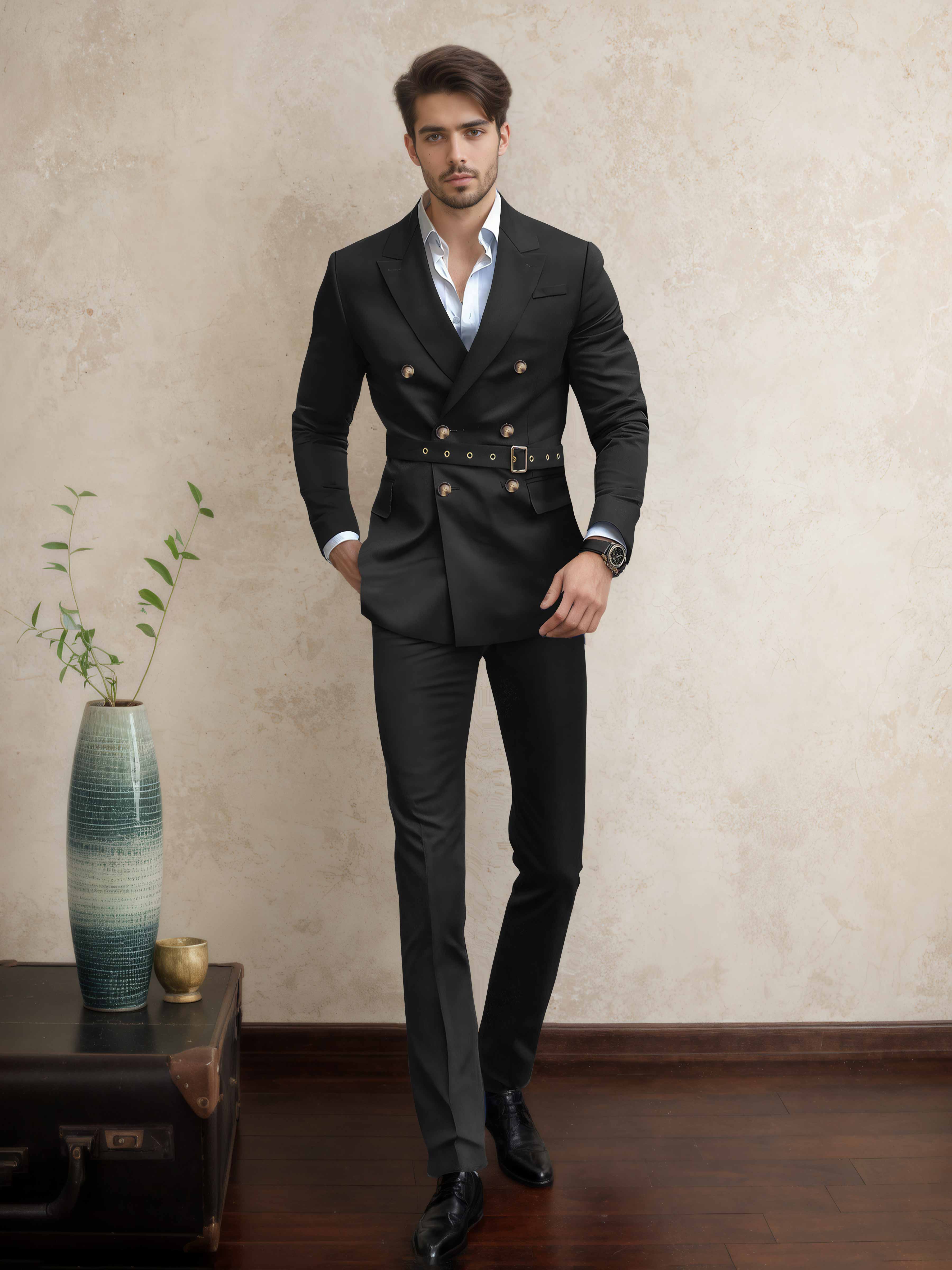 Modern Double Breasted Men's 2 Pieces Belted Peak Lapel Business Suit