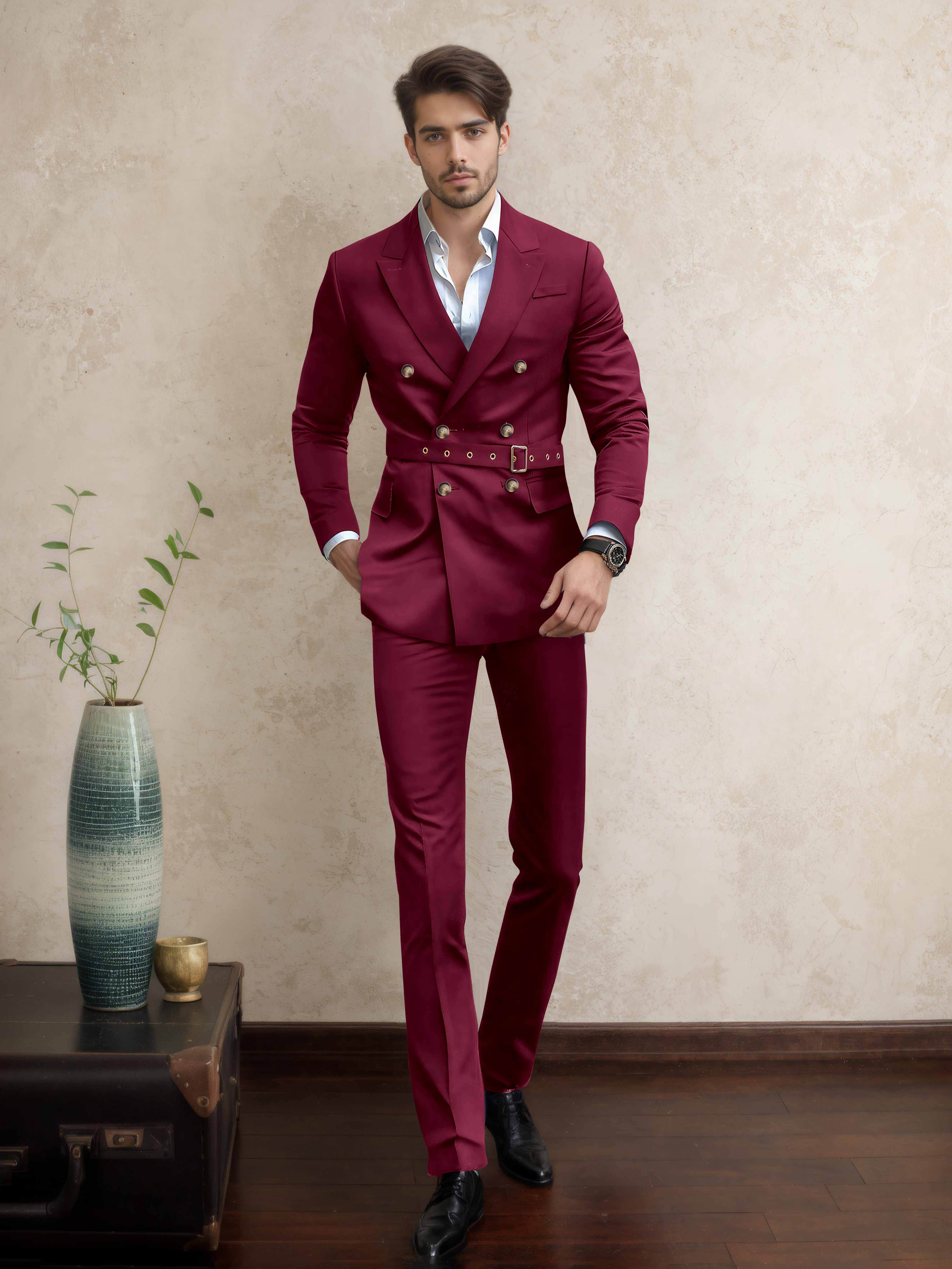 Modern Double Breasted Men's 2 Pieces Belted Peak Lapel Business Suit