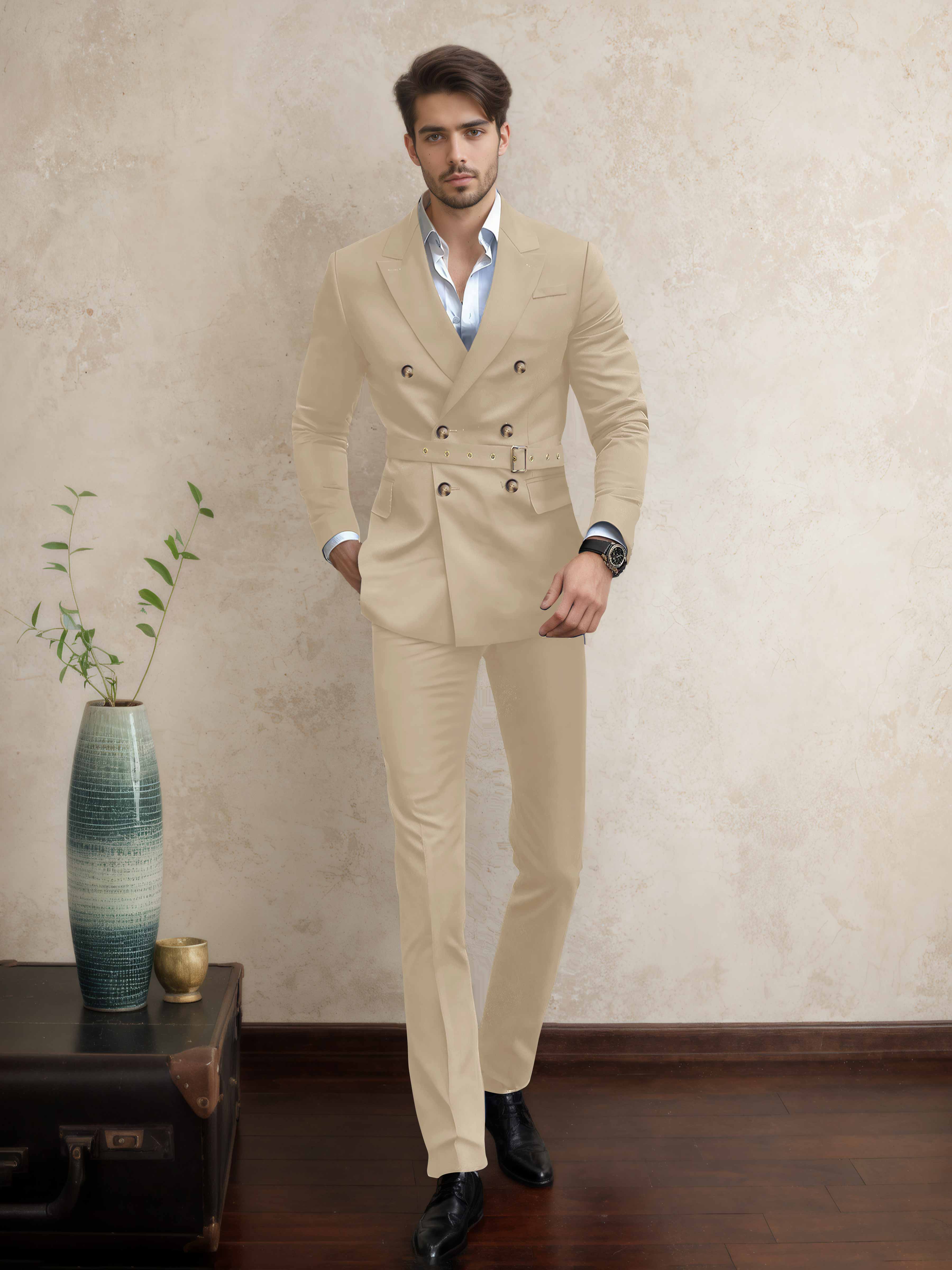 Modern Double Breasted Men's 2 Pieces Belted Peak Lapel Business Suit