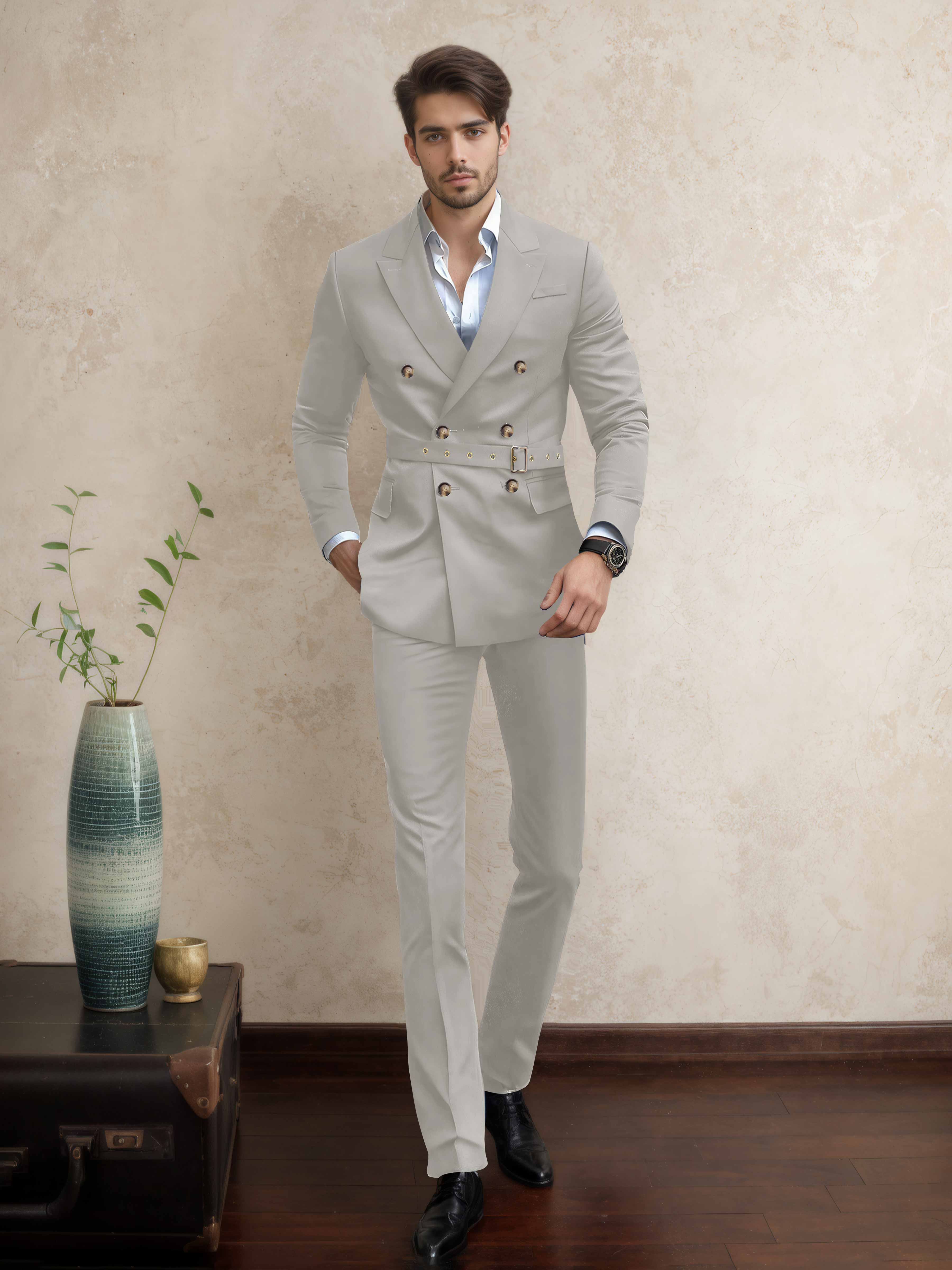 Modern Double Breasted Men's 2 Pieces Belted Peak Lapel Business Suit