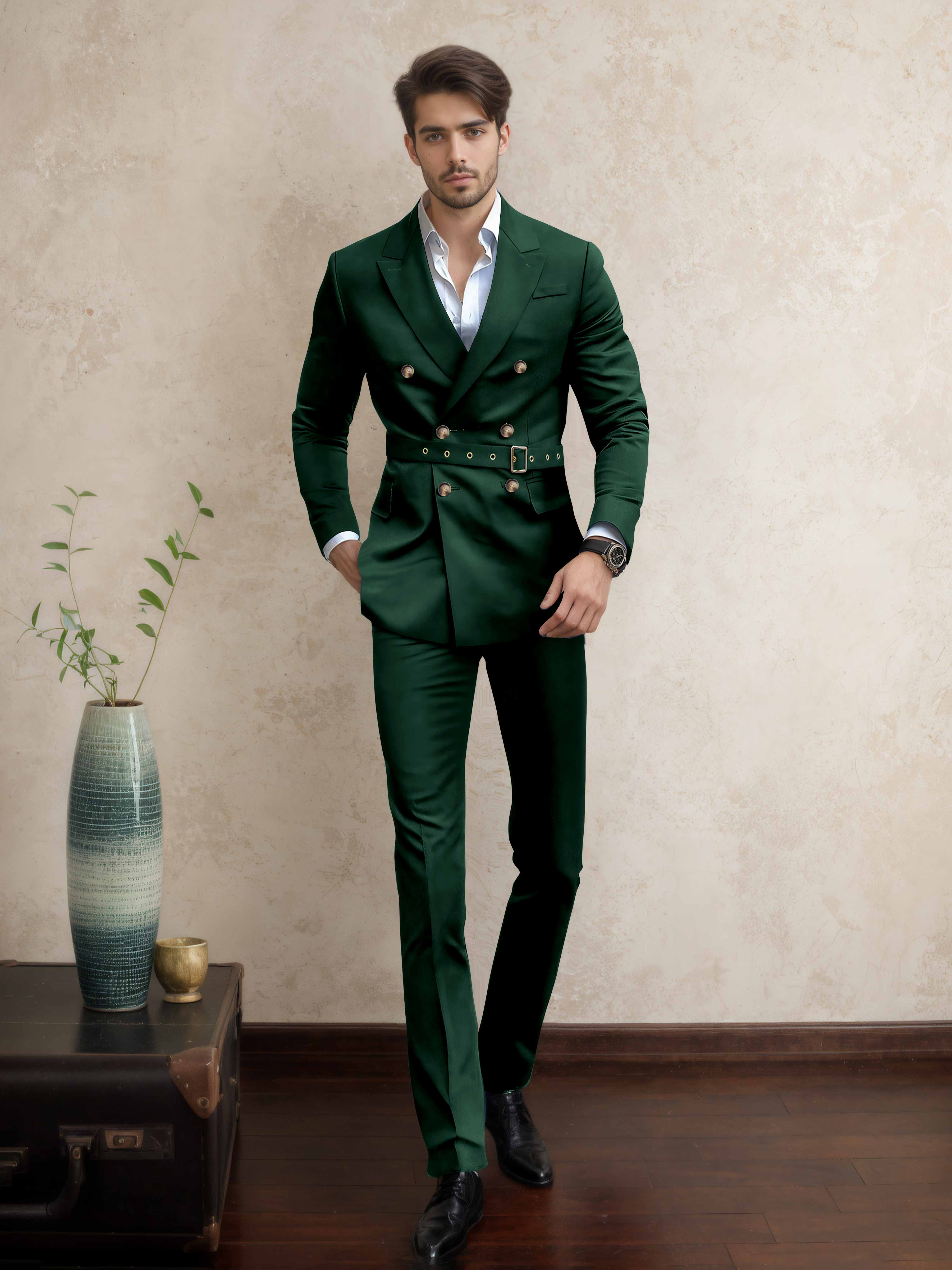 Modern Double Breasted Men's 2 Pieces Belted Peak Lapel Business Suit