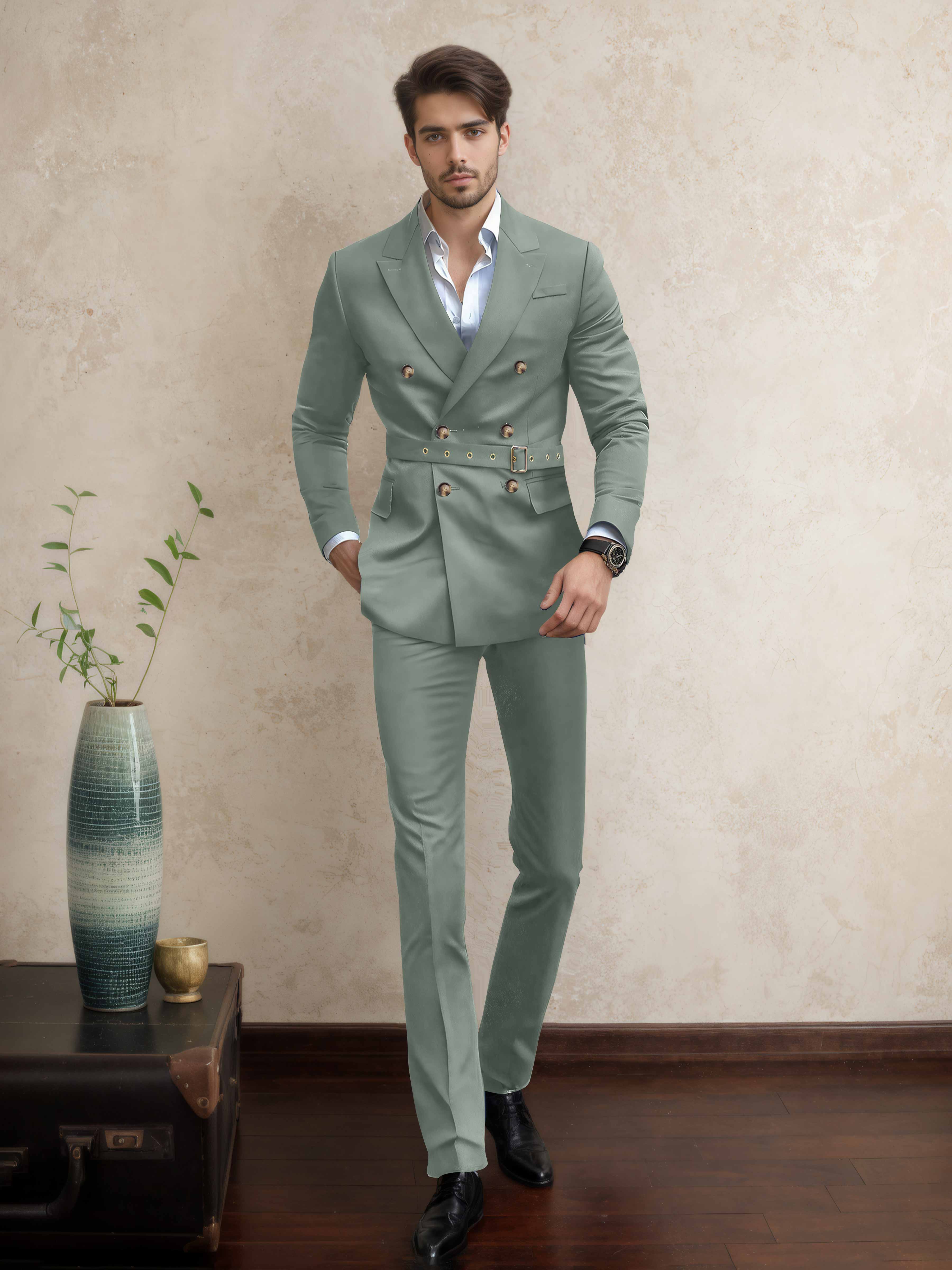 Modern Double Breasted Men's 2 Pieces Belted Peak Lapel Business Suit