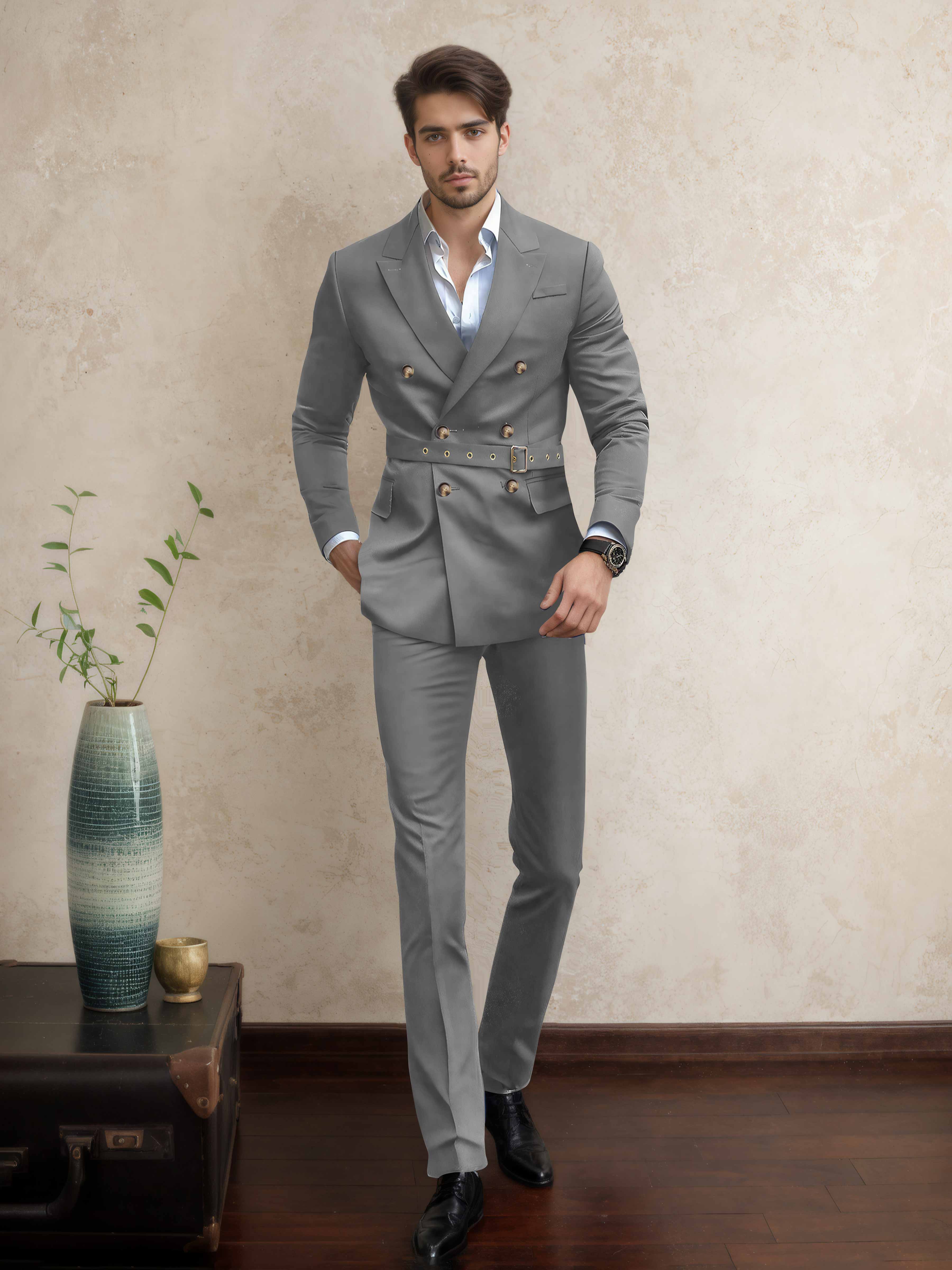 Modern Double Breasted Men's 2 Pieces Belted Peak Lapel Business Suit