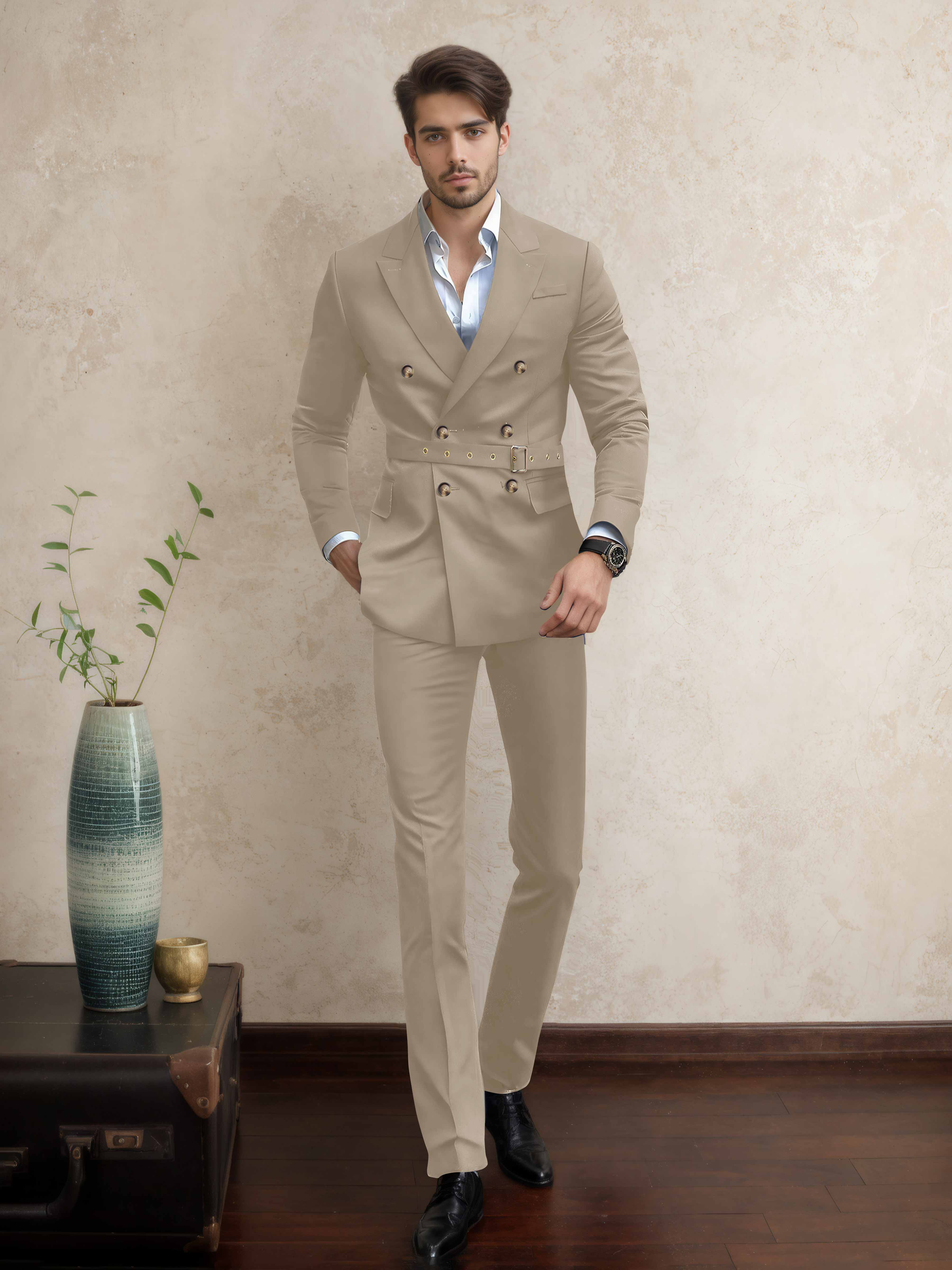 Modern Double Breasted Men's 2 Pieces Belted Peak Lapel Business Suit