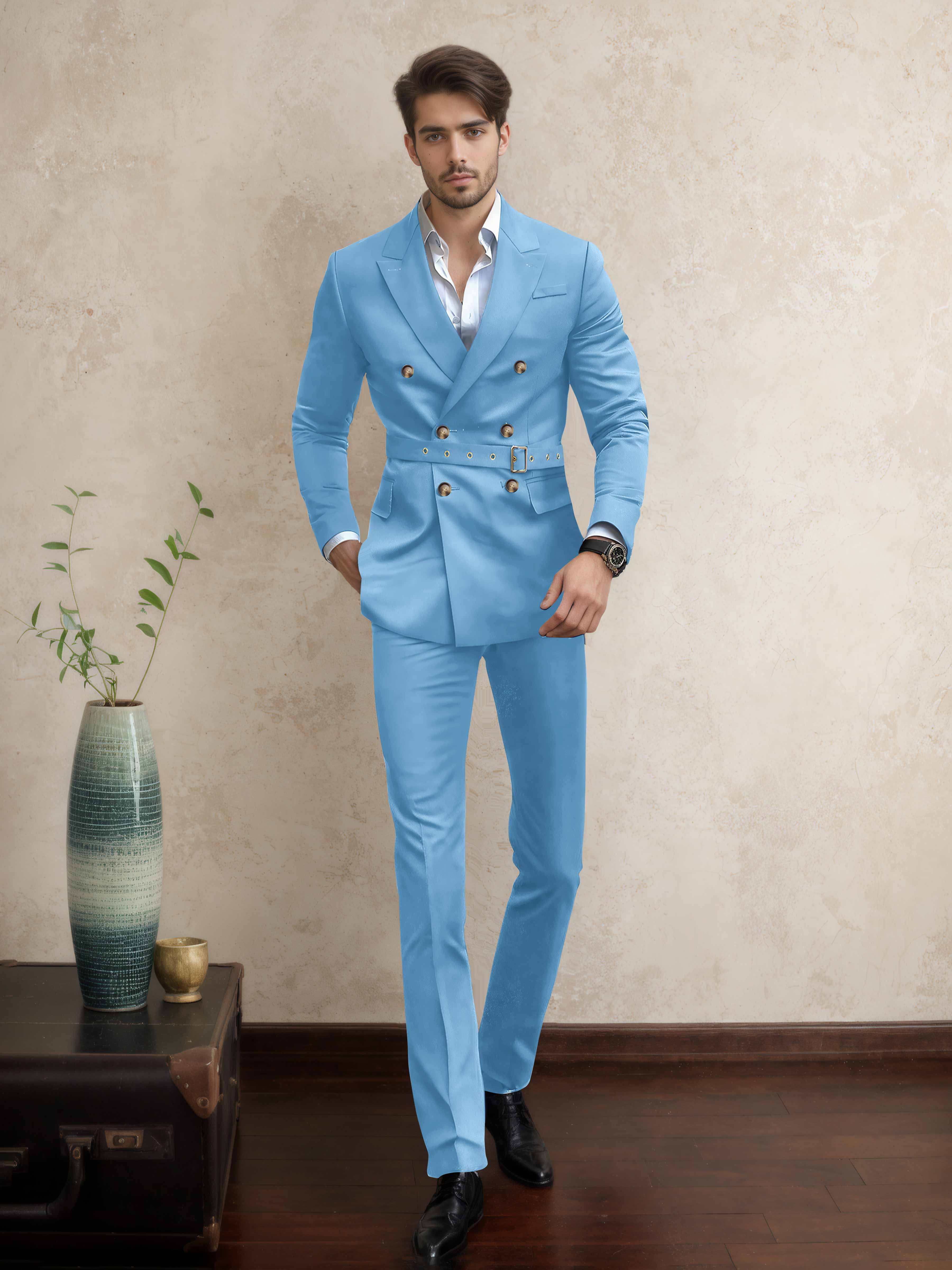 Modern Double Breasted Men's 2 Pieces Belted Peak Lapel Business Suit