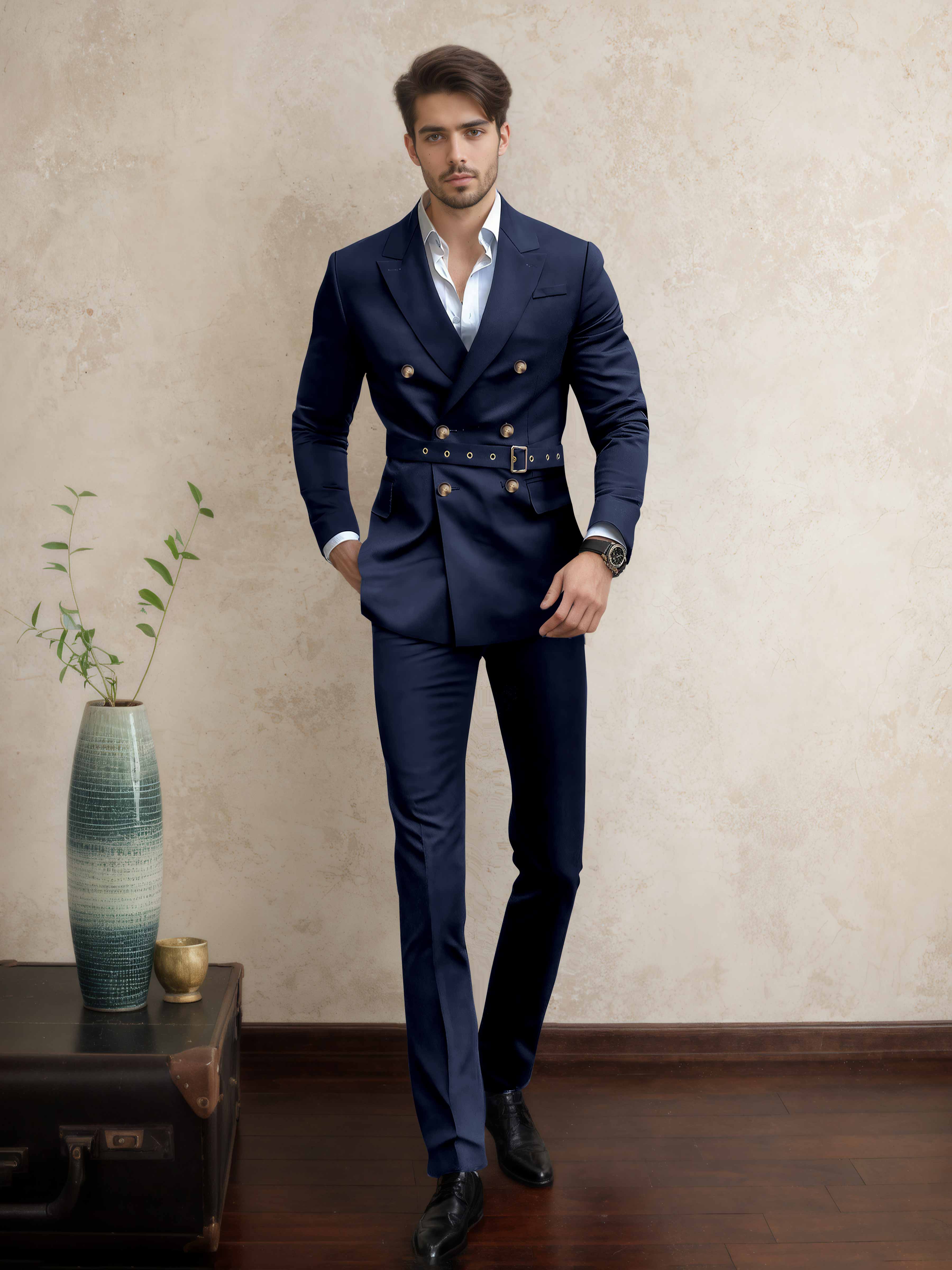 Modern Double Breasted Men's 2 Pieces Belted Peak Lapel Business Suit