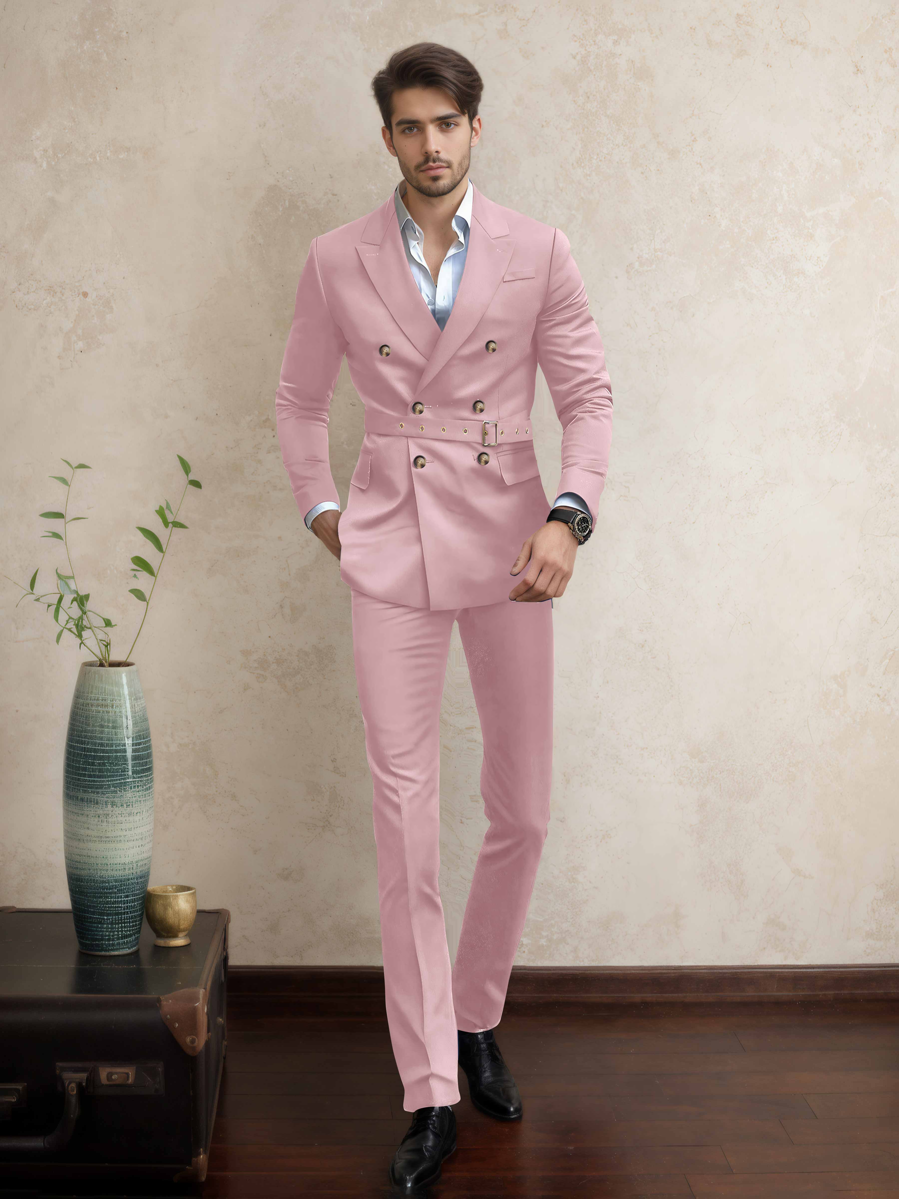 Modern Double Breasted Men's 2 Pieces Belted Peak Lapel Business Suit