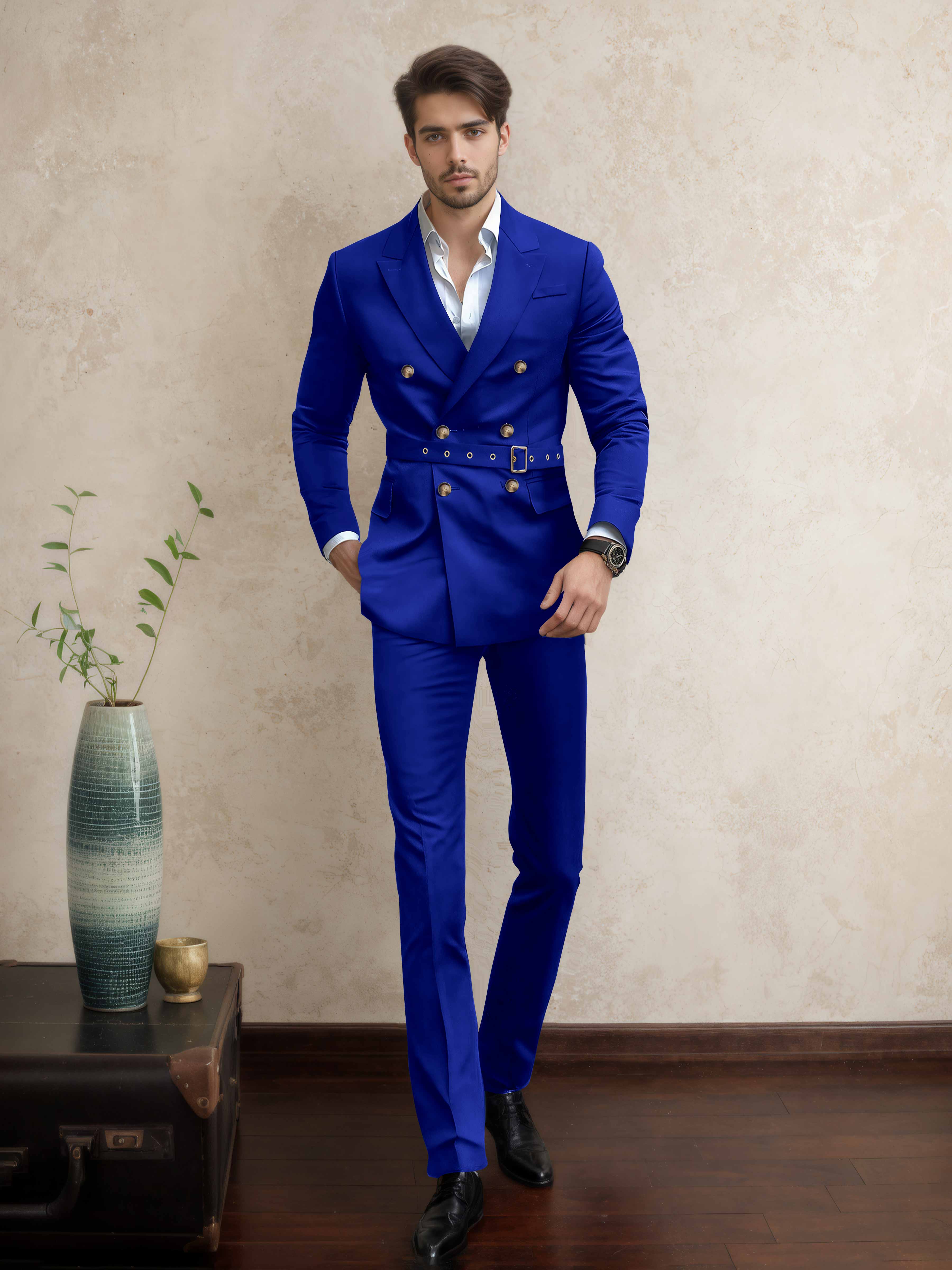 Modern Double Breasted Men's 2 Pieces Belted Peak Lapel Business Suit