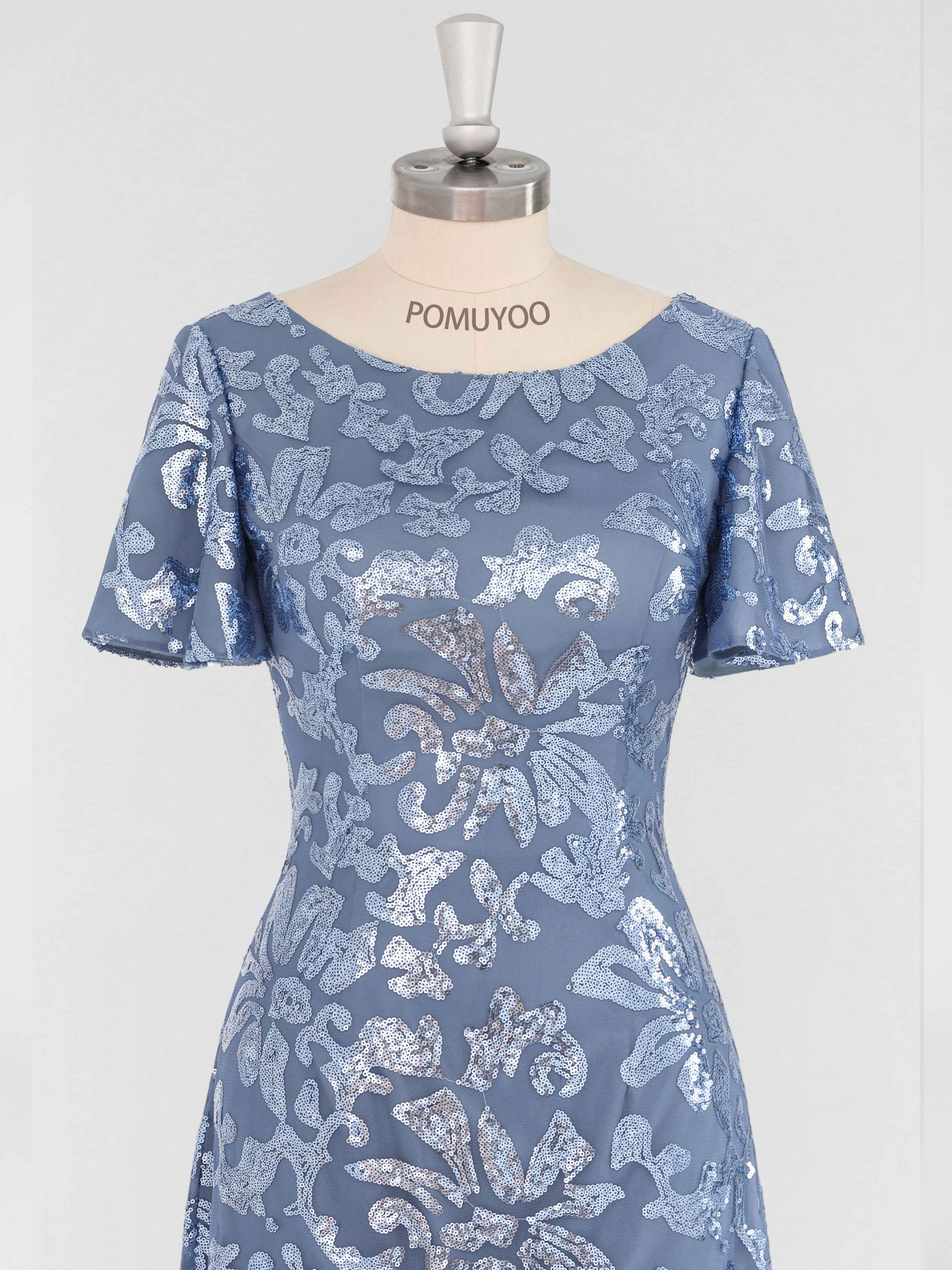 Chic A-Line Scoop Short Sleeves Tea Length Sequins Mother of the Bride & Groom Dresses UK