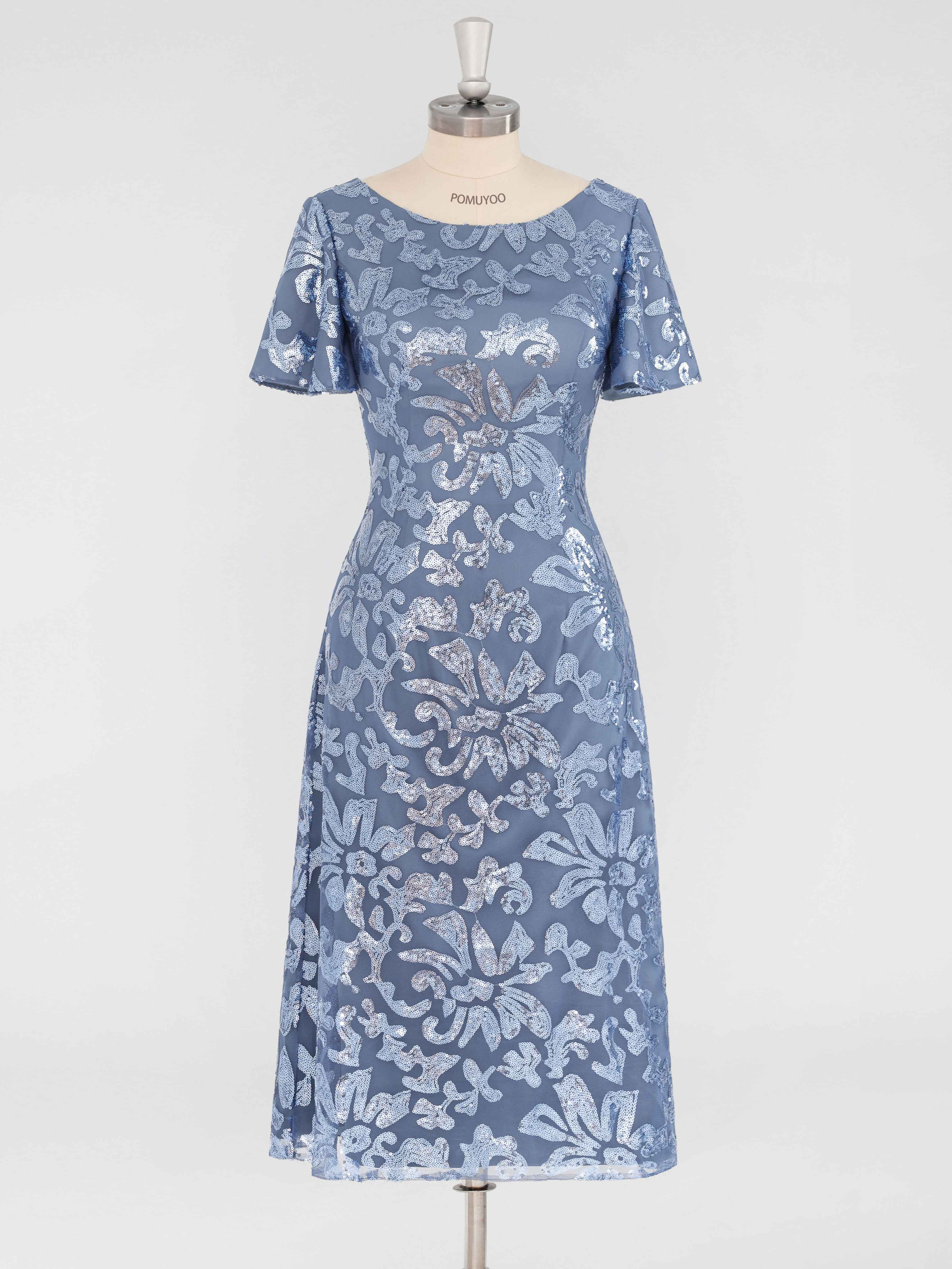 Chic A-Line Scoop Short Sleeves Tea Length Sequins Mother of the Bride & Groom Dresses UK
