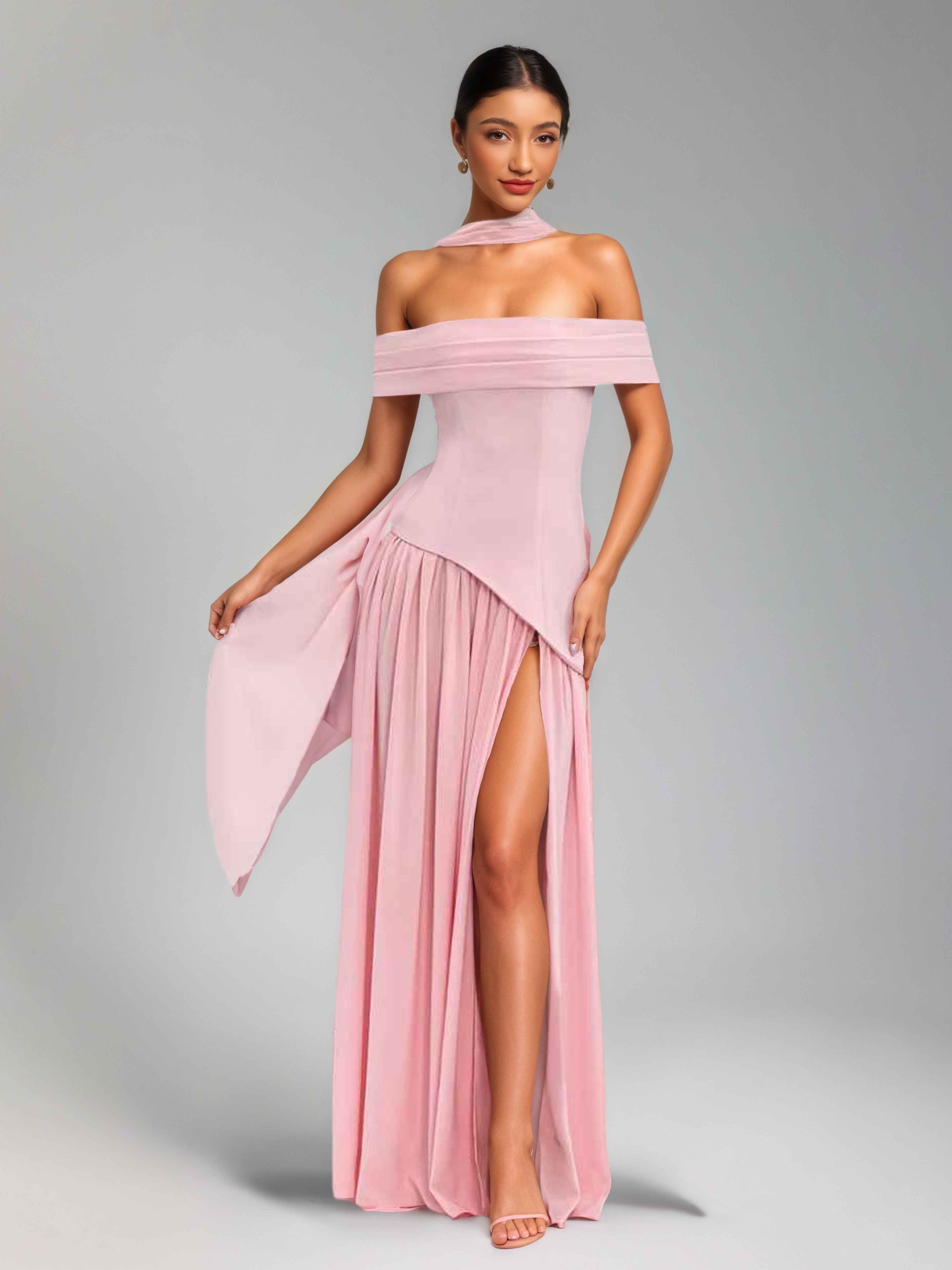 Mraelithra Trendy A-Line Off the Shoulder Slit Long Chiffon Prom Dresses