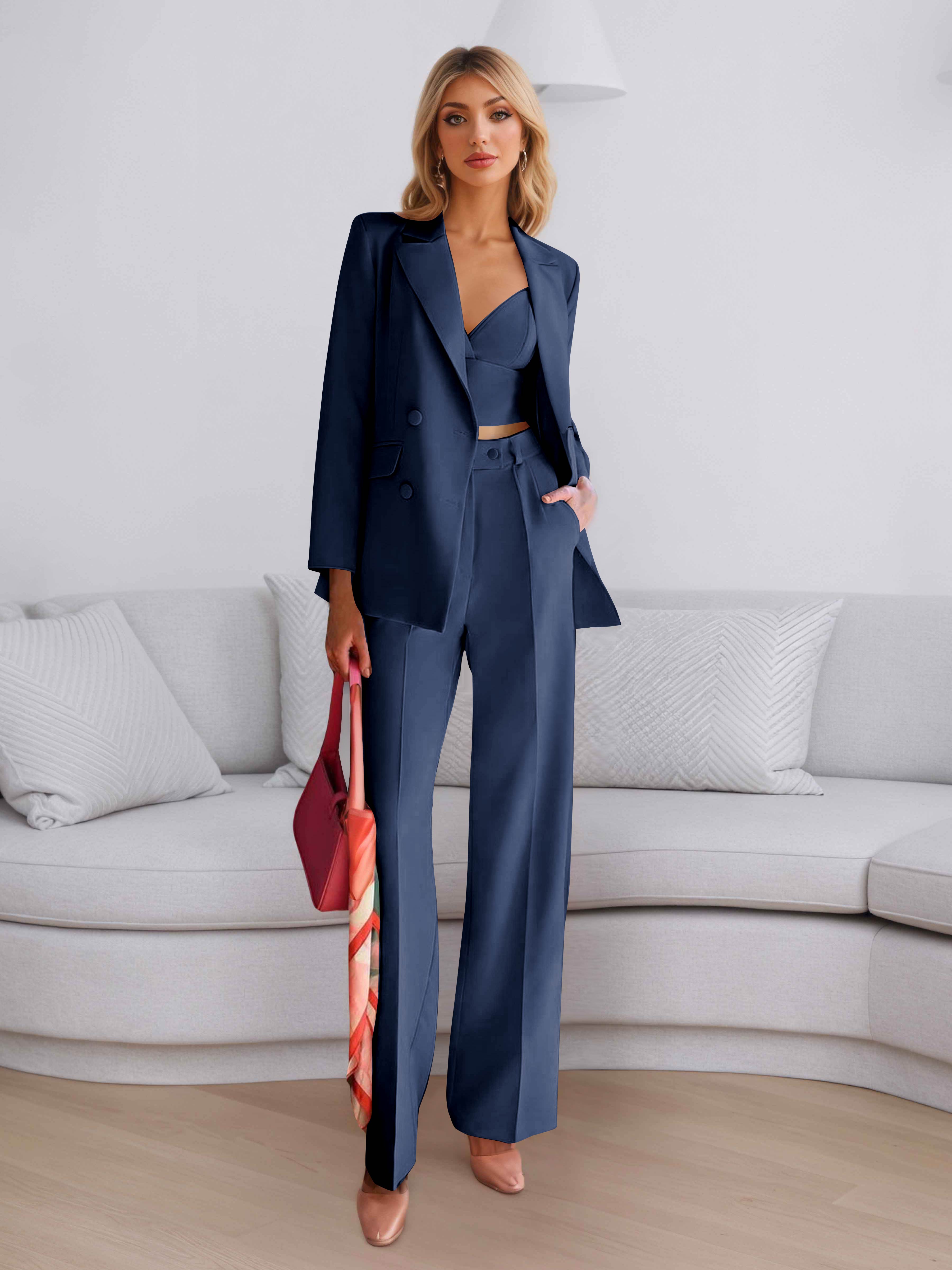 Elegant Women's 3 Pieces Solid Formal Blazer and Pants Suit Set UK