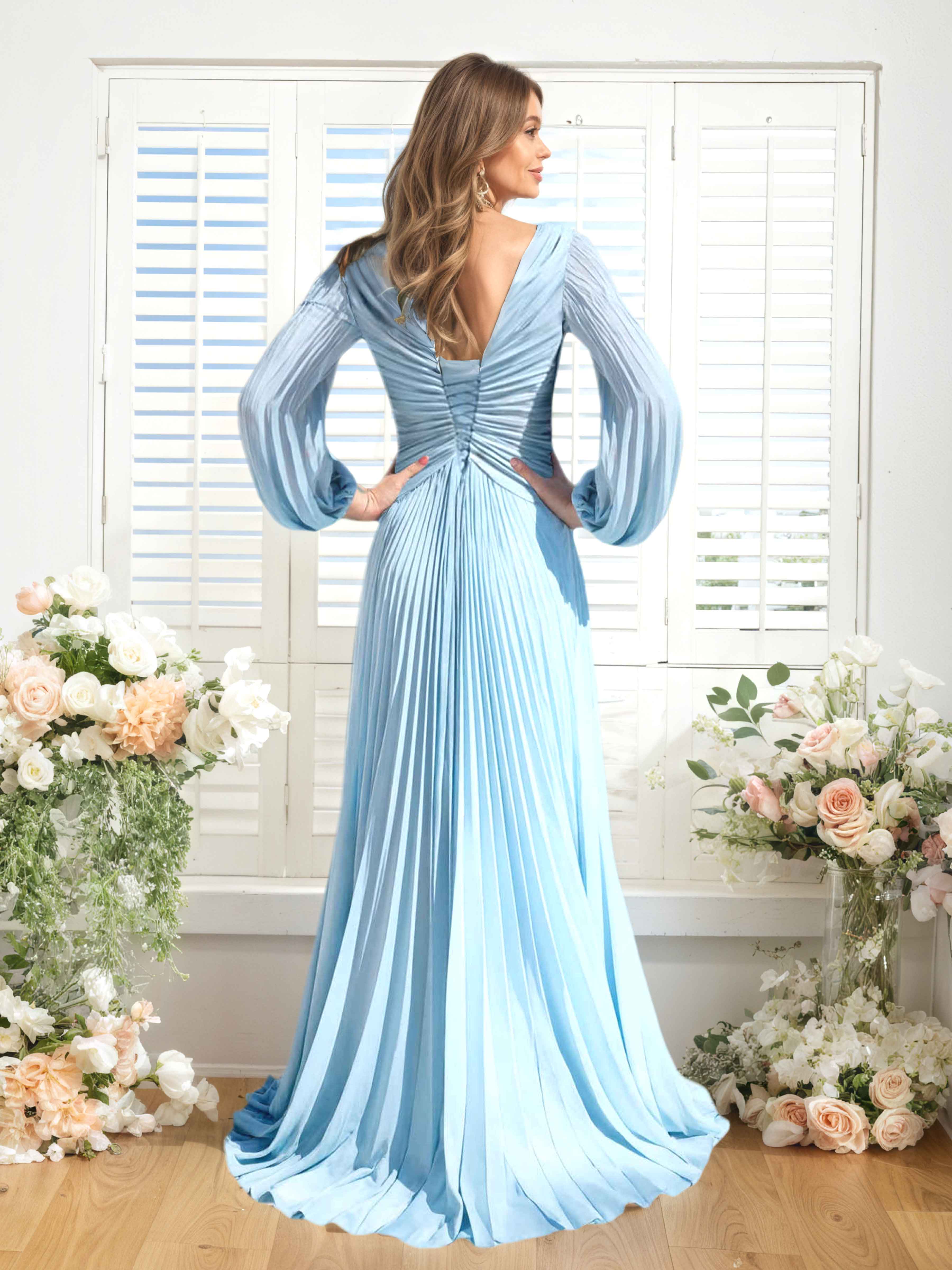 Nerys Chic A-Line V Neck Ruched Long Chiffon Bridesmaid Dresses