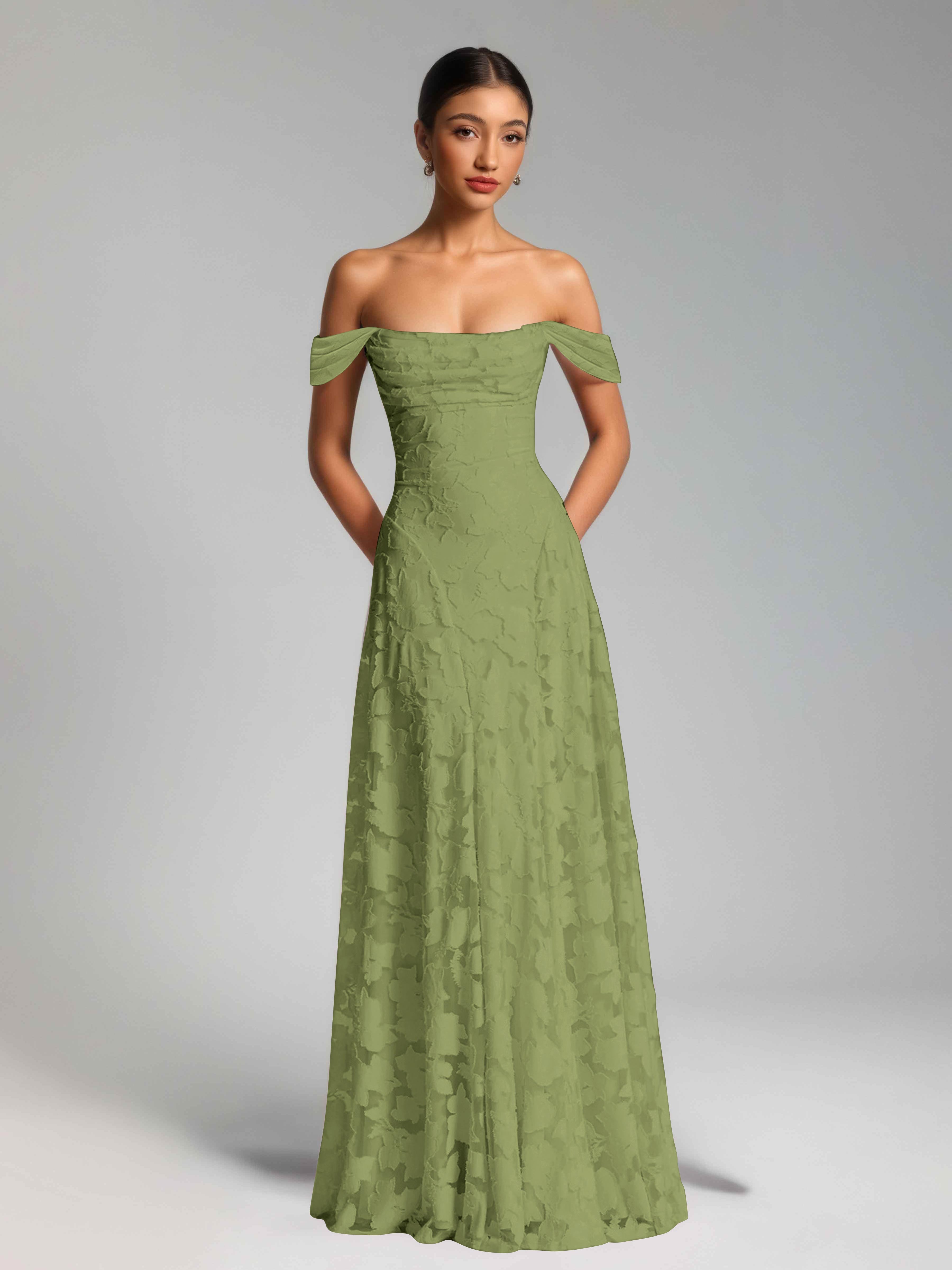 Oraelithra Graceful A-Line Off the Shoulder Floor Length Jacquard Bridesmaid Dresses