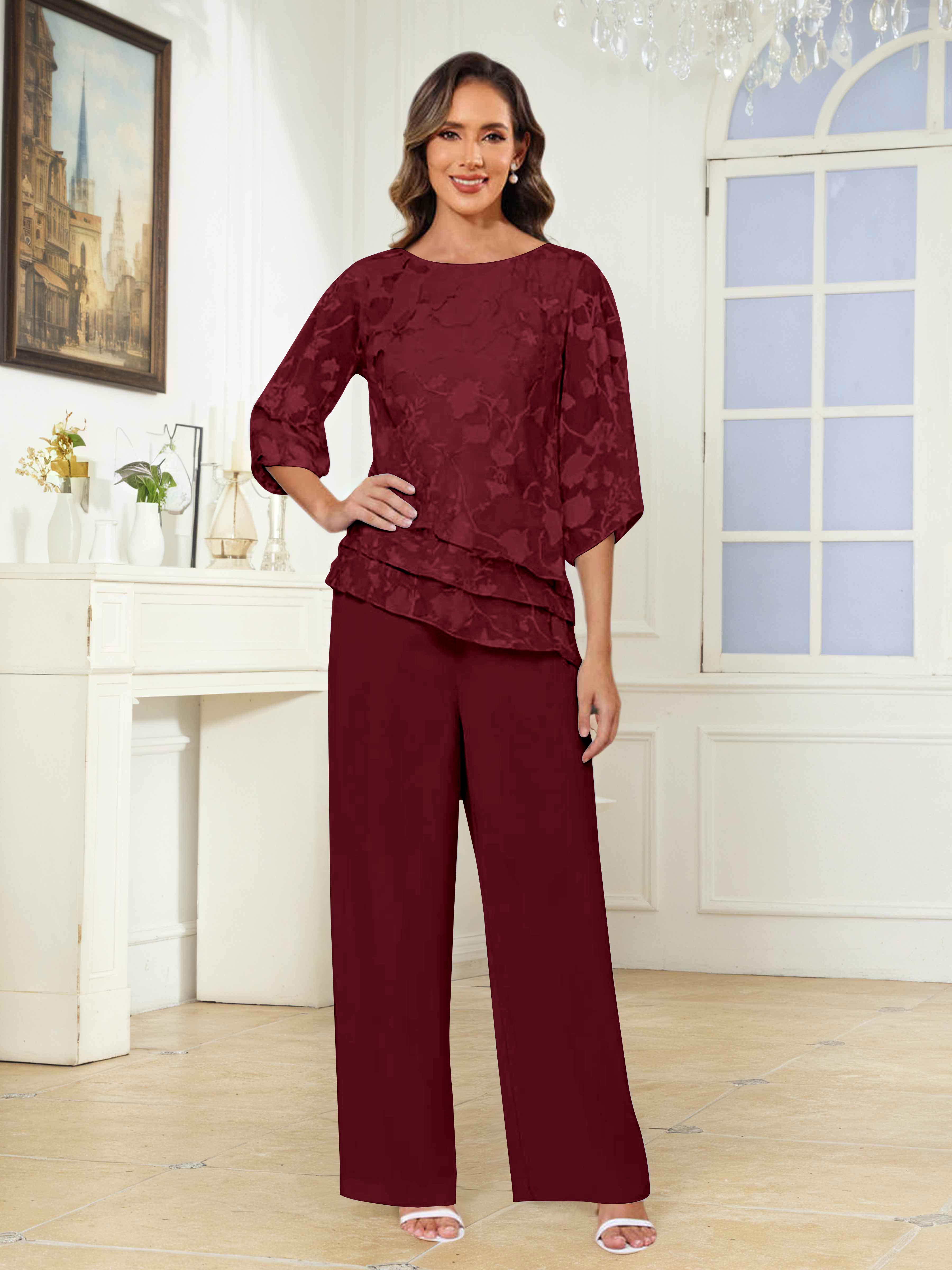 Ondine Elegant Scoop 2 Pieces Floral Lace Mother of the Bride Pantsuit