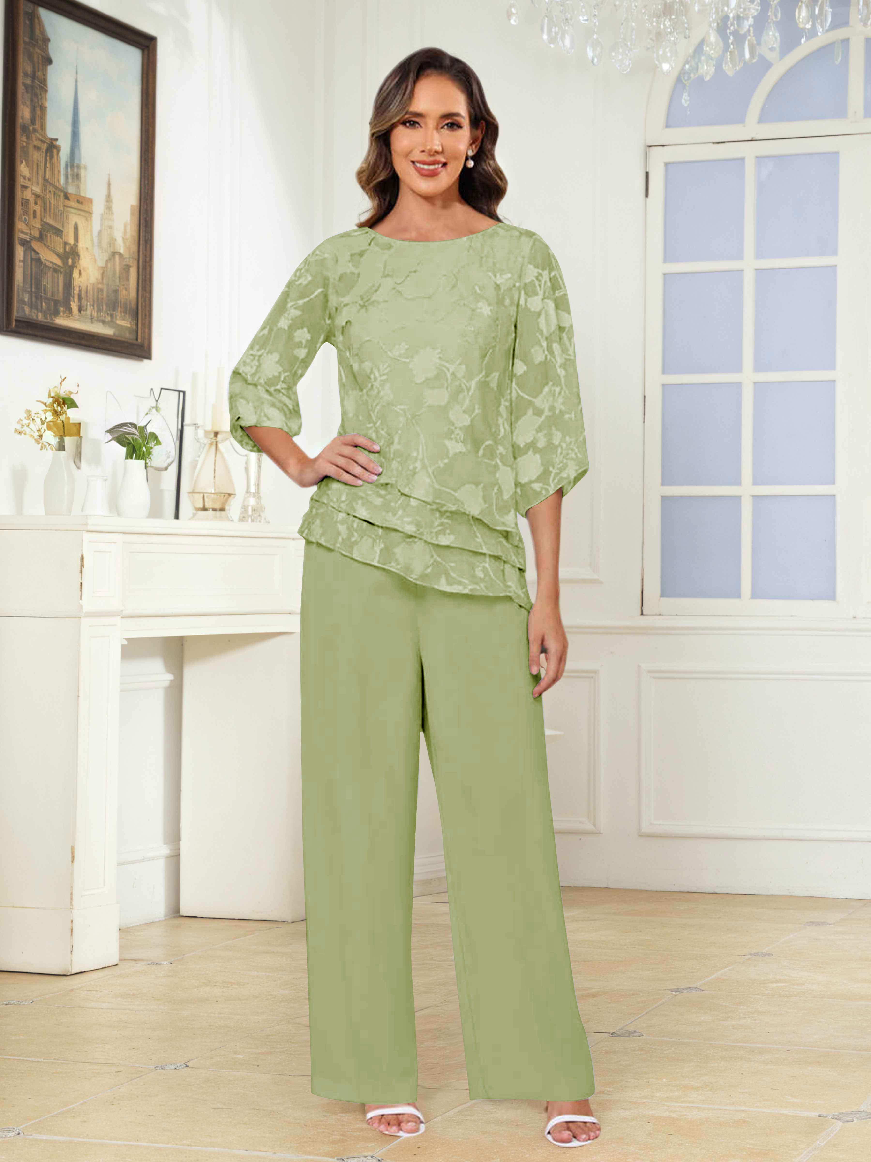 Ondine Elegant Scoop 2 Pieces Floral Lace Mother of the Bride Pantsuit
