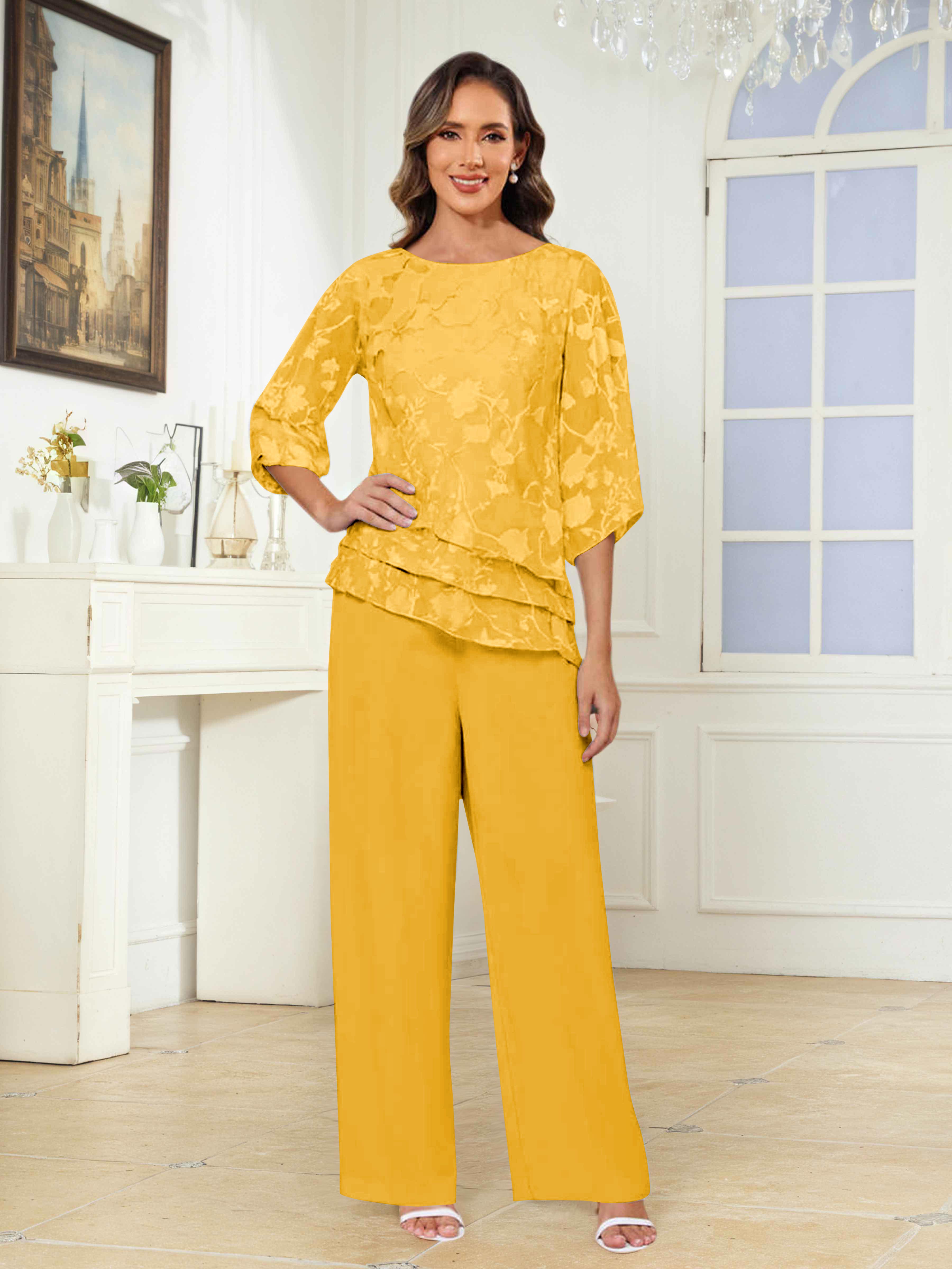 Ondine Elegant Scoop 2 Pieces Floral Lace Mother of the Bride Pantsuit