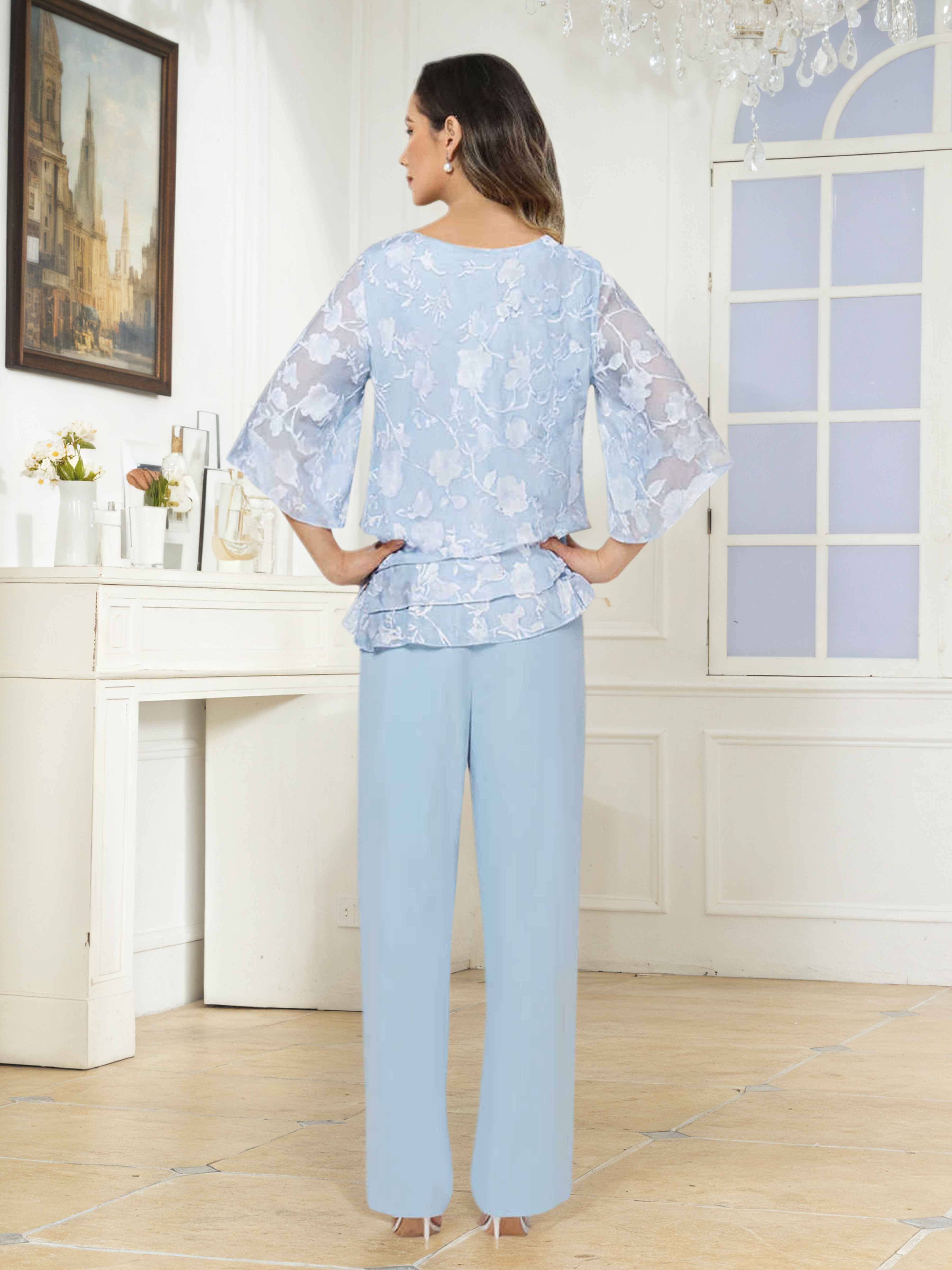 Ondine Elegant Scoop 2 Pieces Floral Lace Mother of the Bride Pantsuit