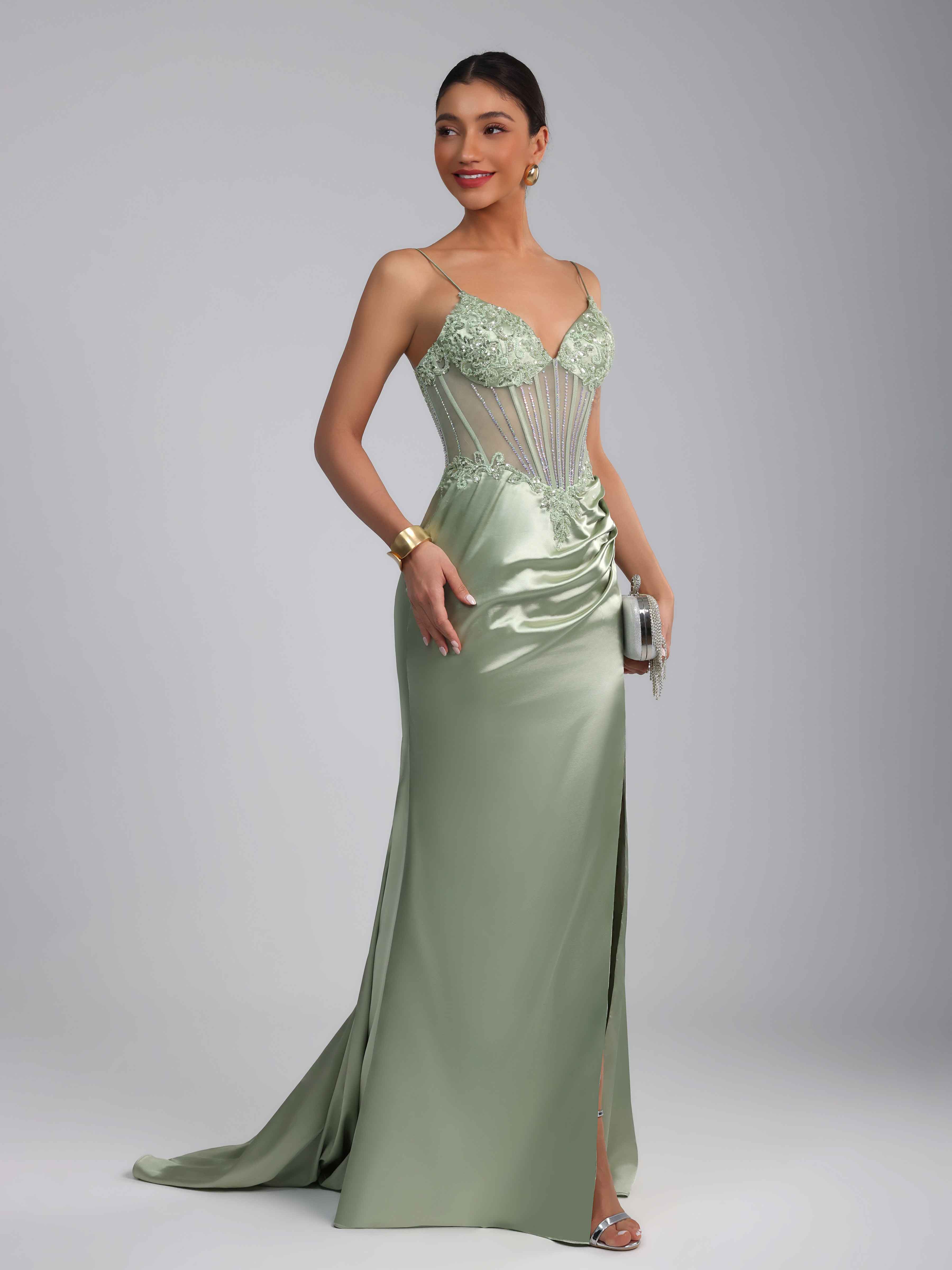 Oraelith Glamorous Mermaid V Neck Beading Slit Long Satin Prom Dresses