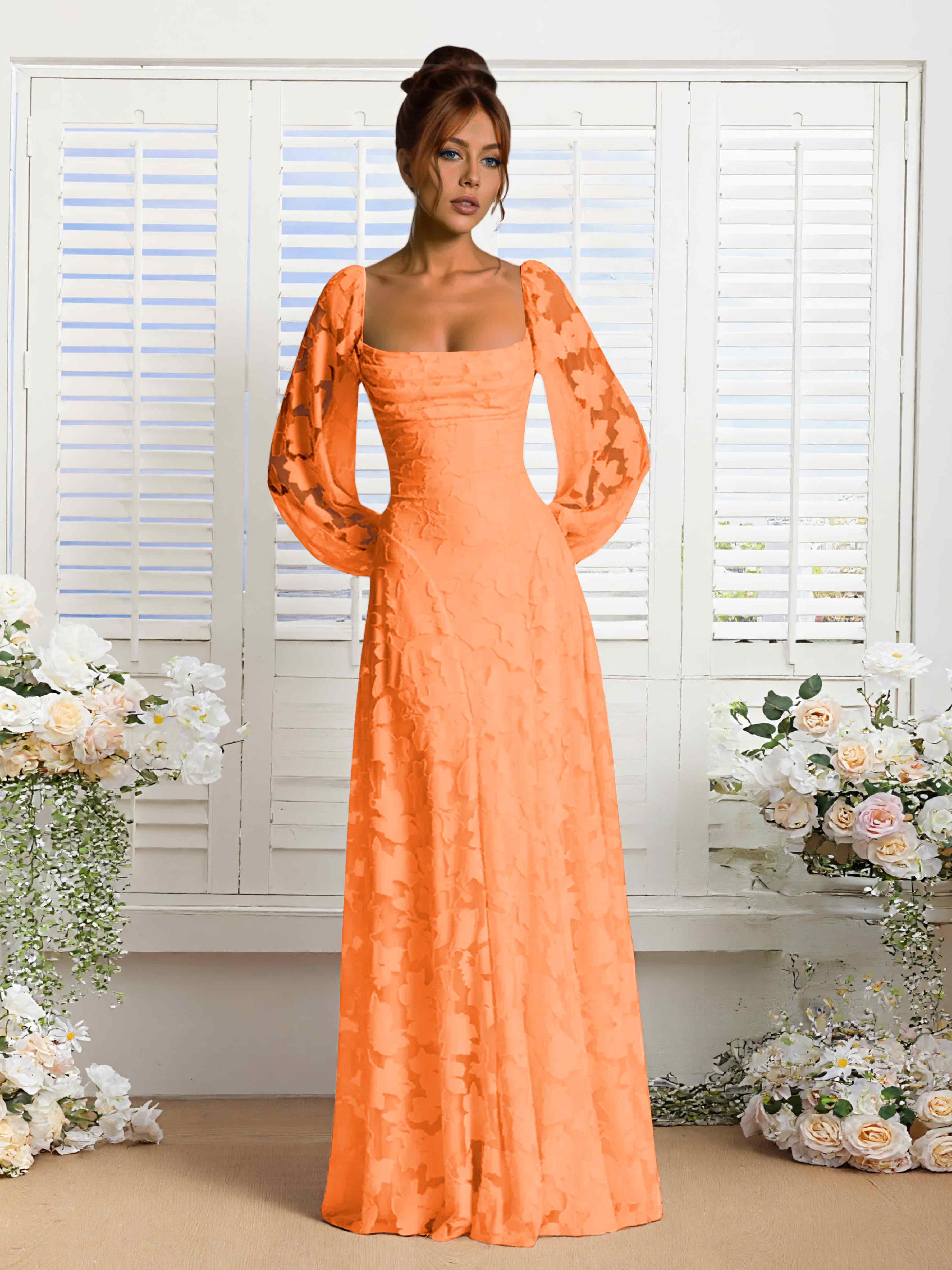 Xandra Delicate Long Sleeves Ruched Long Floral Lace Formal Dresses