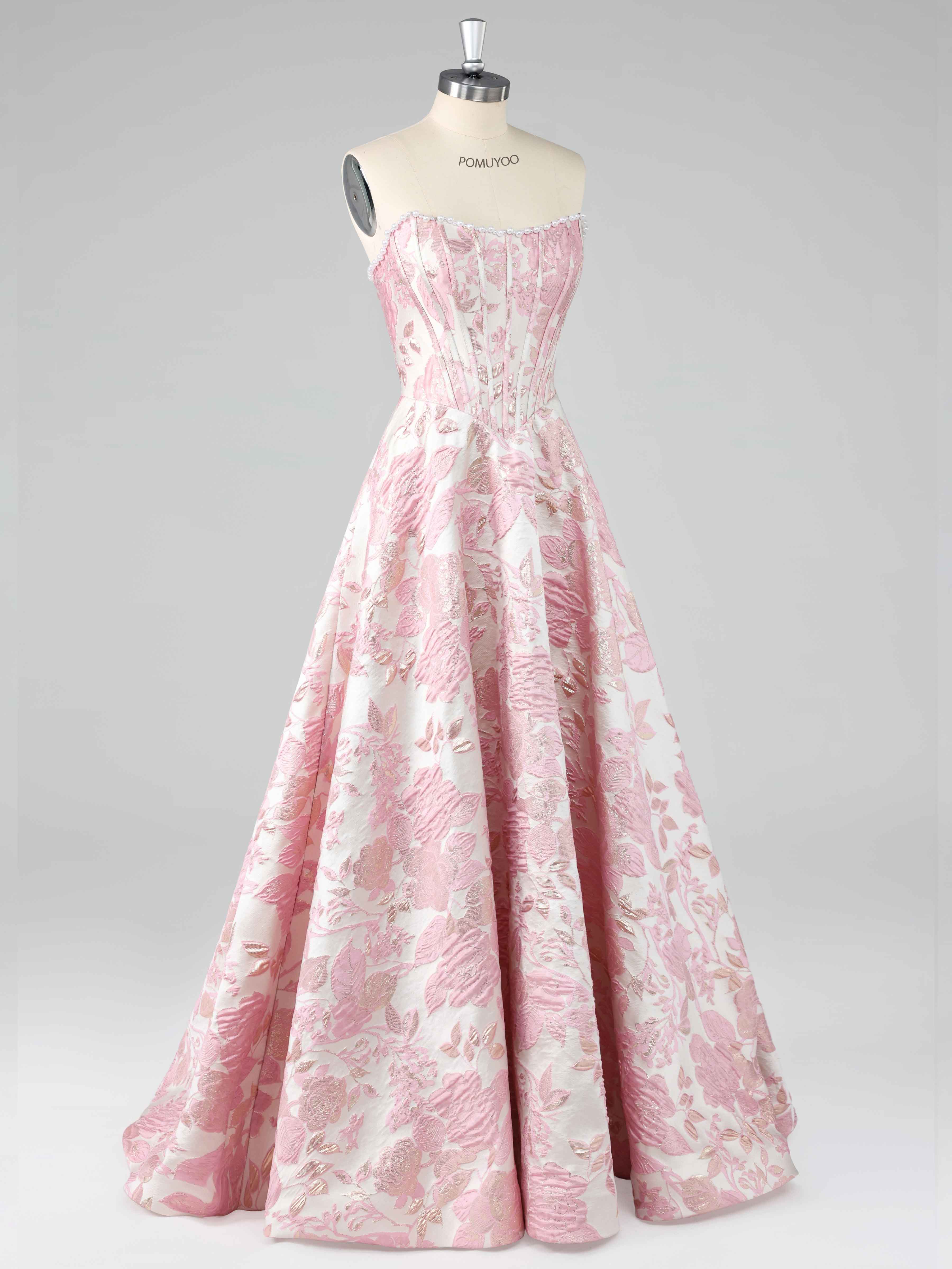 Pink A-Line Strapless Pearl Jacquard Satin Long Prom Dresses UK