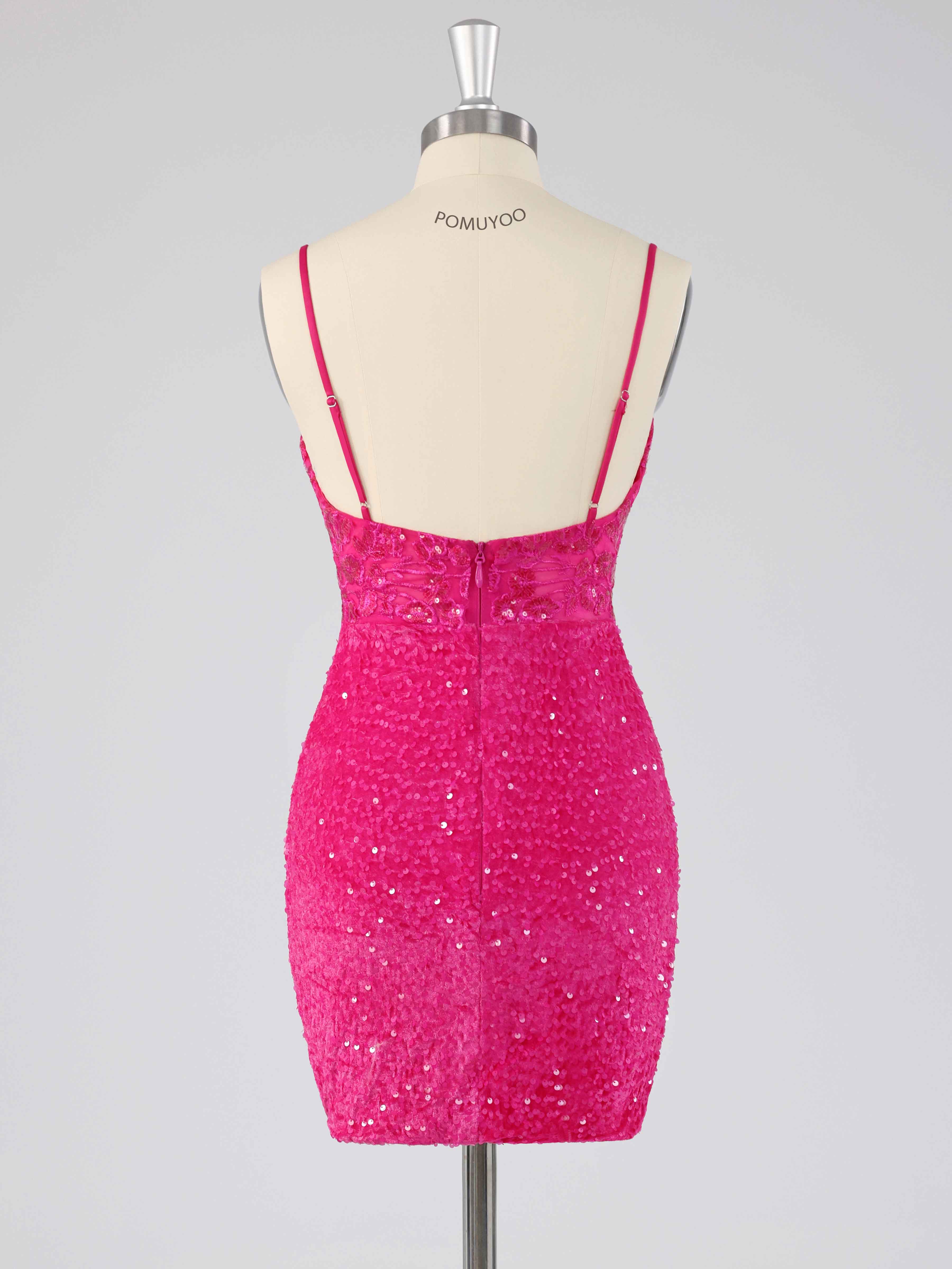 Pink Stunning V-Neck Pleated Mini Sequin Party Dresses