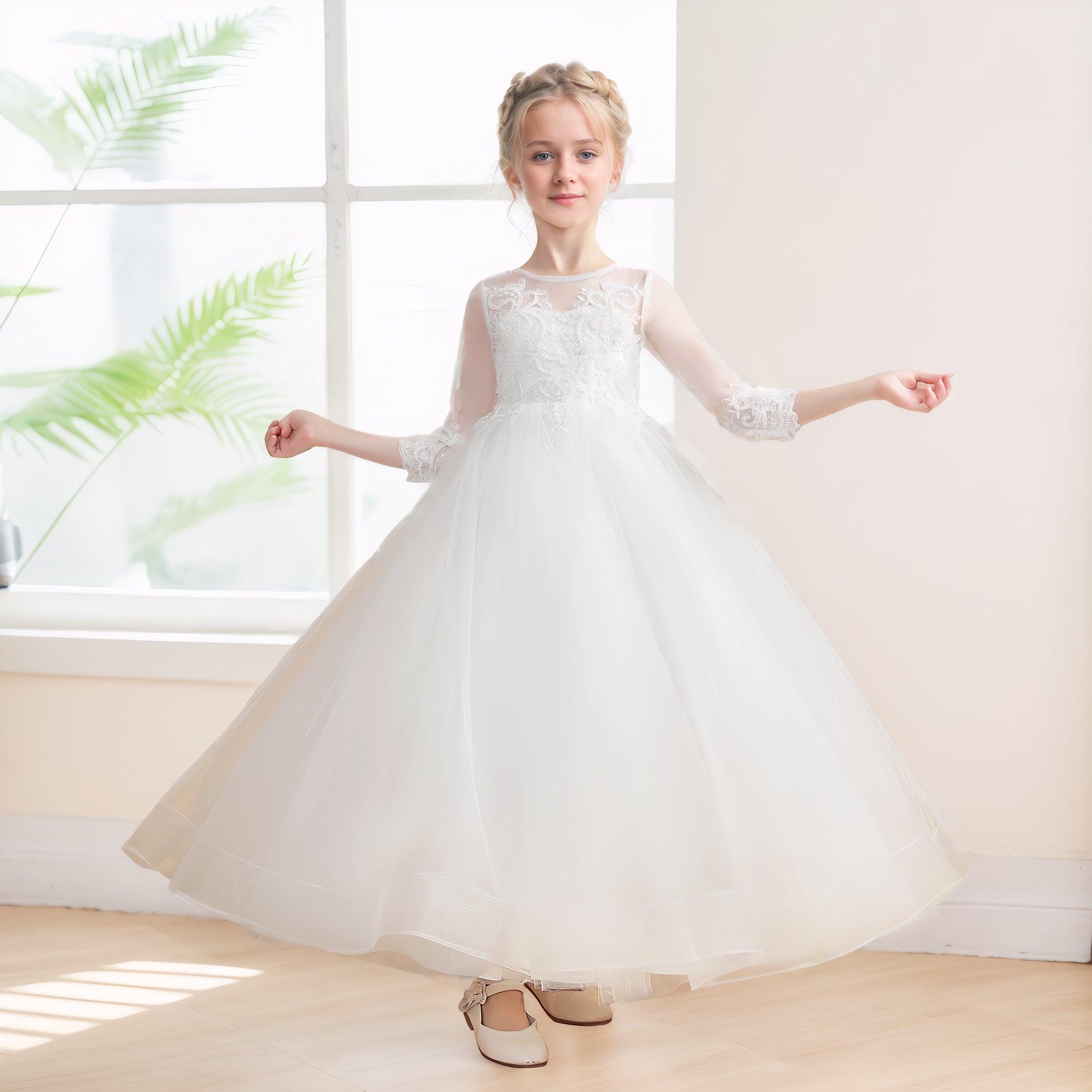 Princess Scoop Lace Applique Tulle Long Flower Girl Dresses