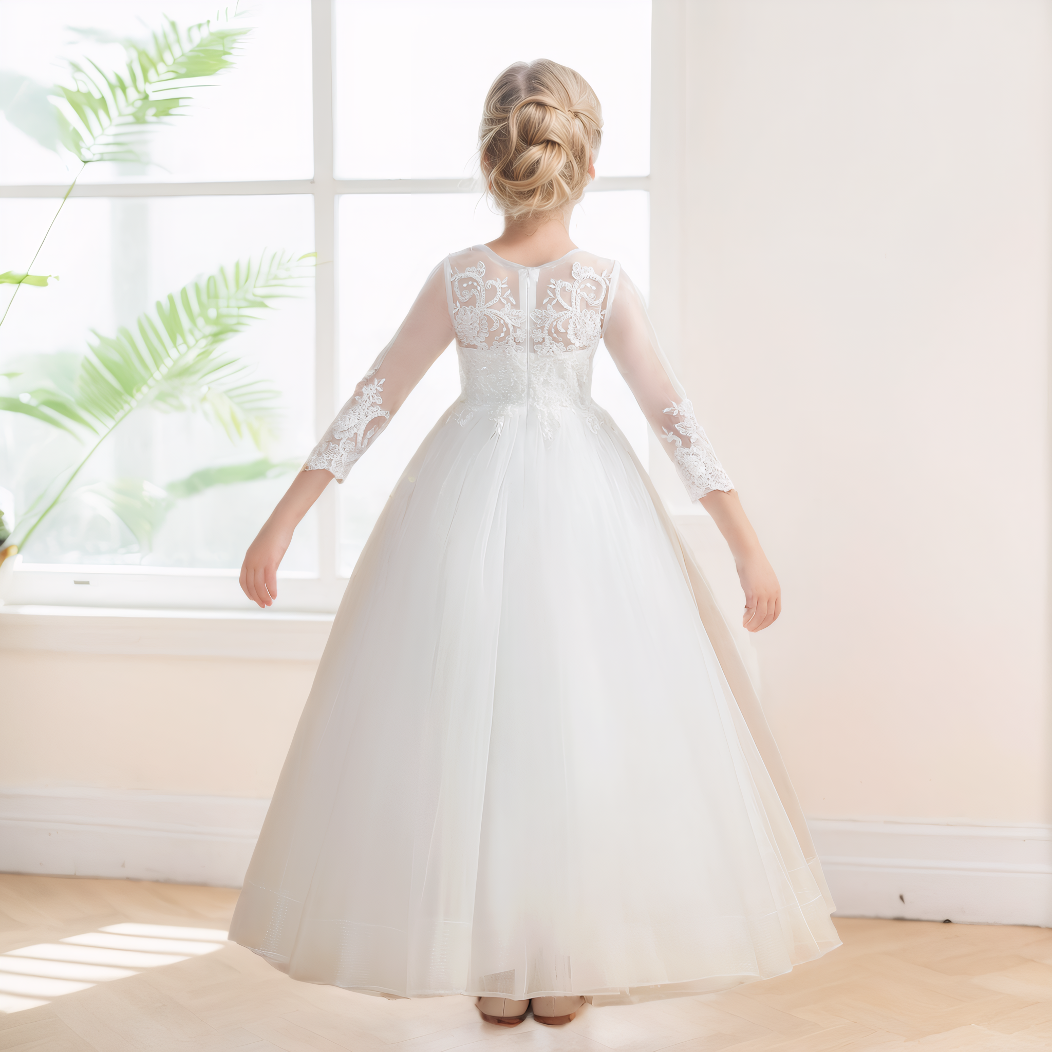 Princess Scoop Lace Applique Tulle Long Flower Girl Dresses