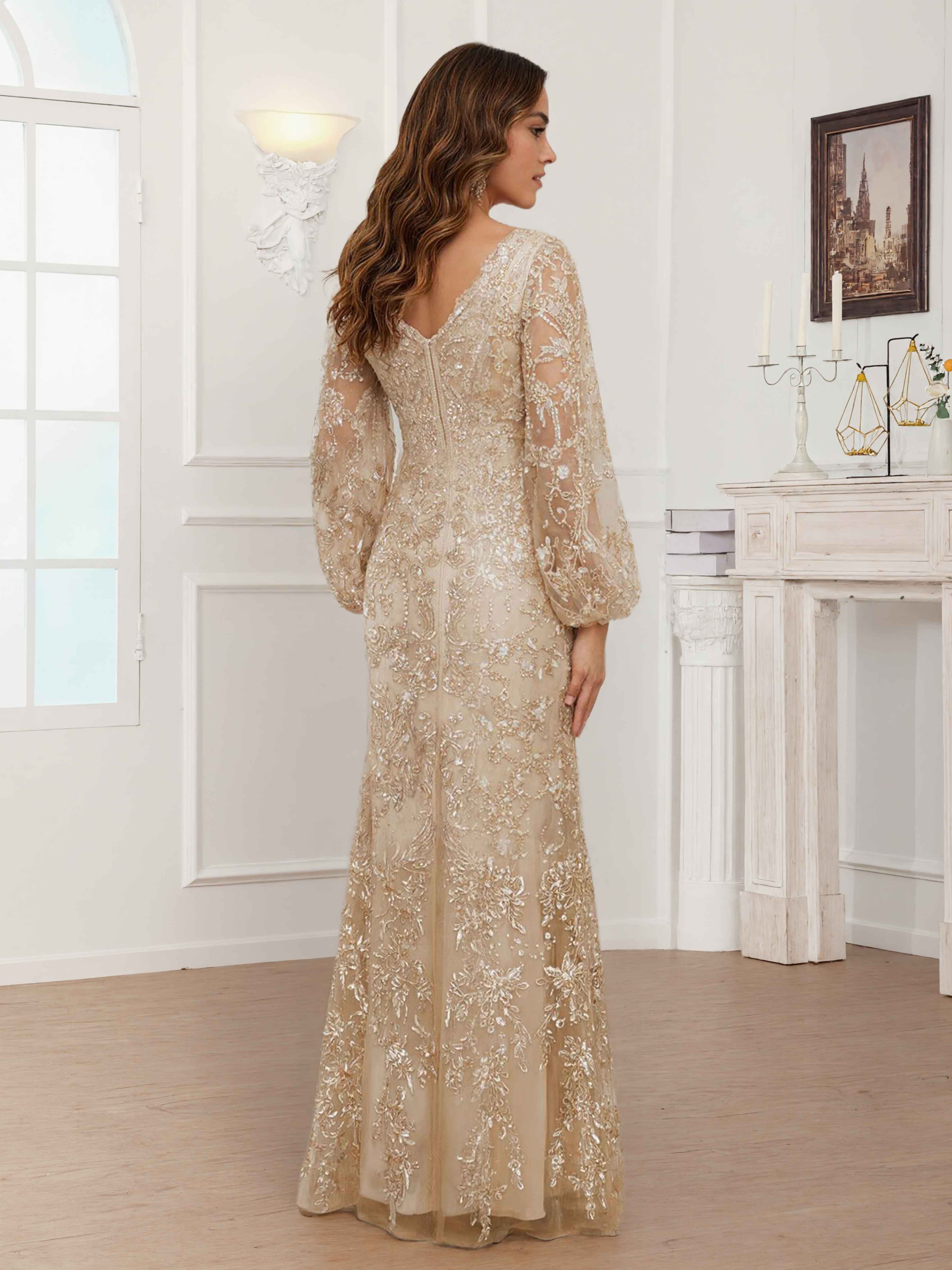 Qaelithra Elegant V-Neck Long Sleeves Lace Mother of The Bride Dresses