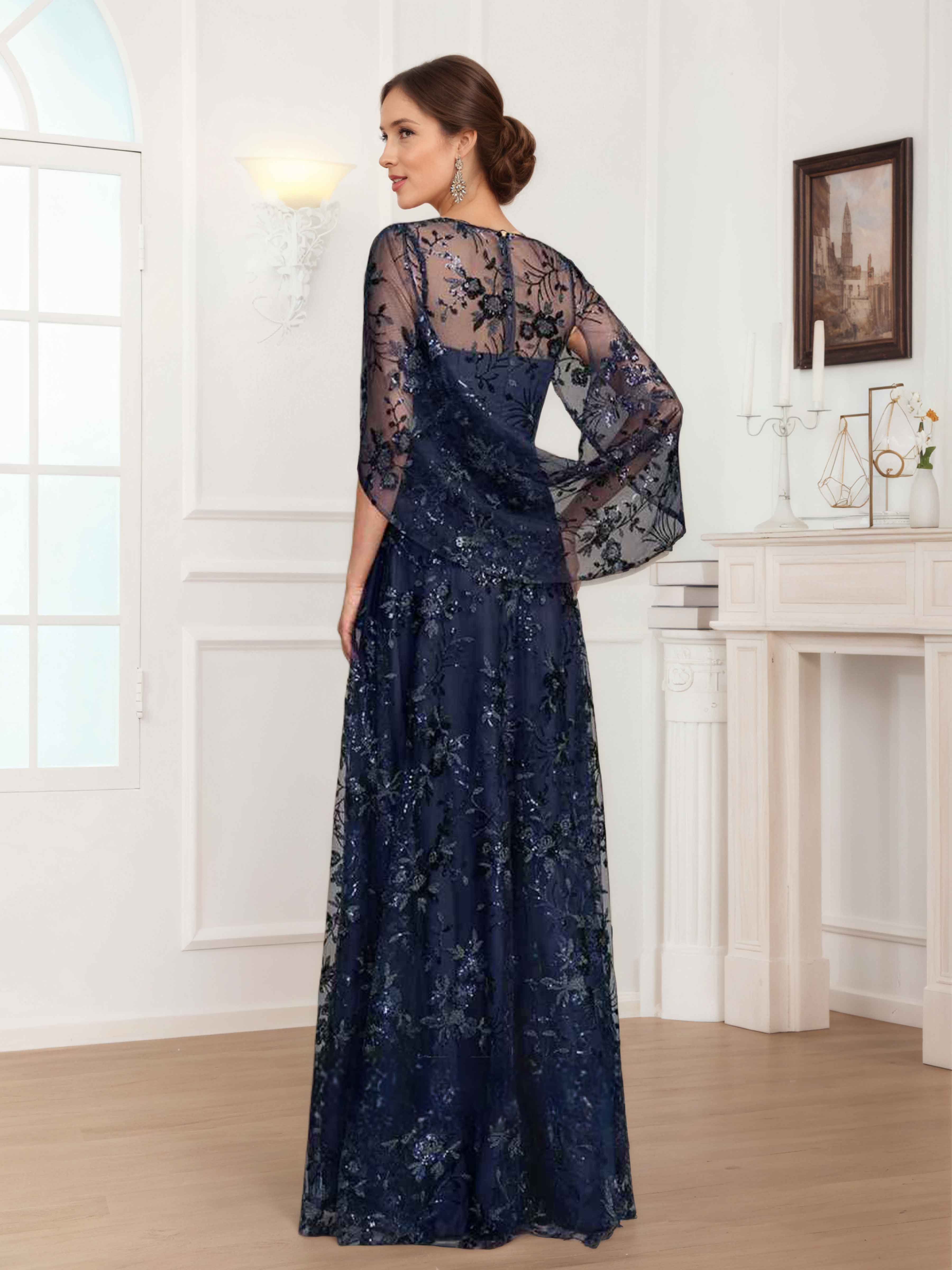 Quenella Romantic A-line Scoop Sequin Lace Long Mother of the Bride Dresses