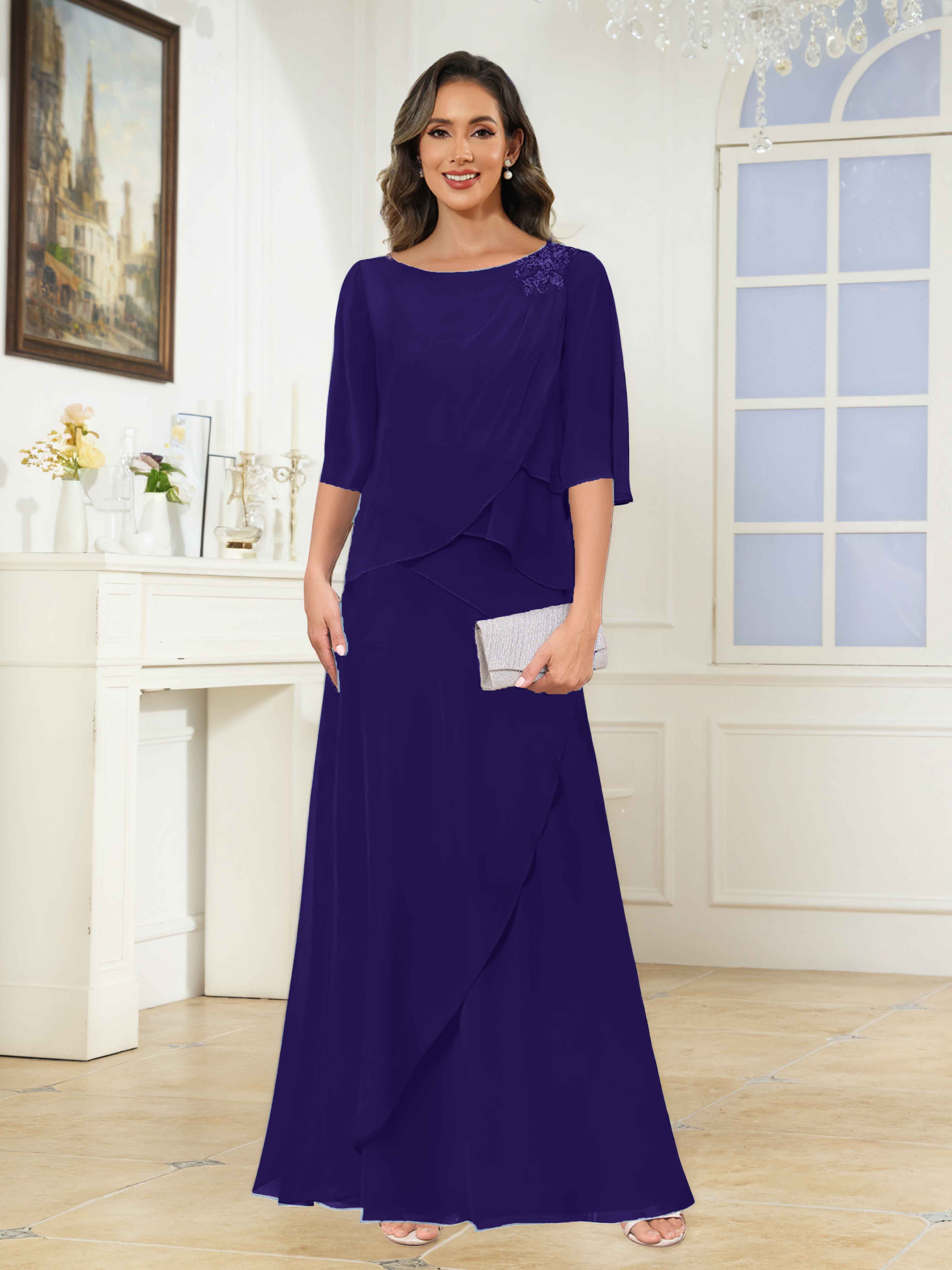 Larkin Trendy A-Line Scoop Tiered Long Chiffon Mother of the Bride Dresses