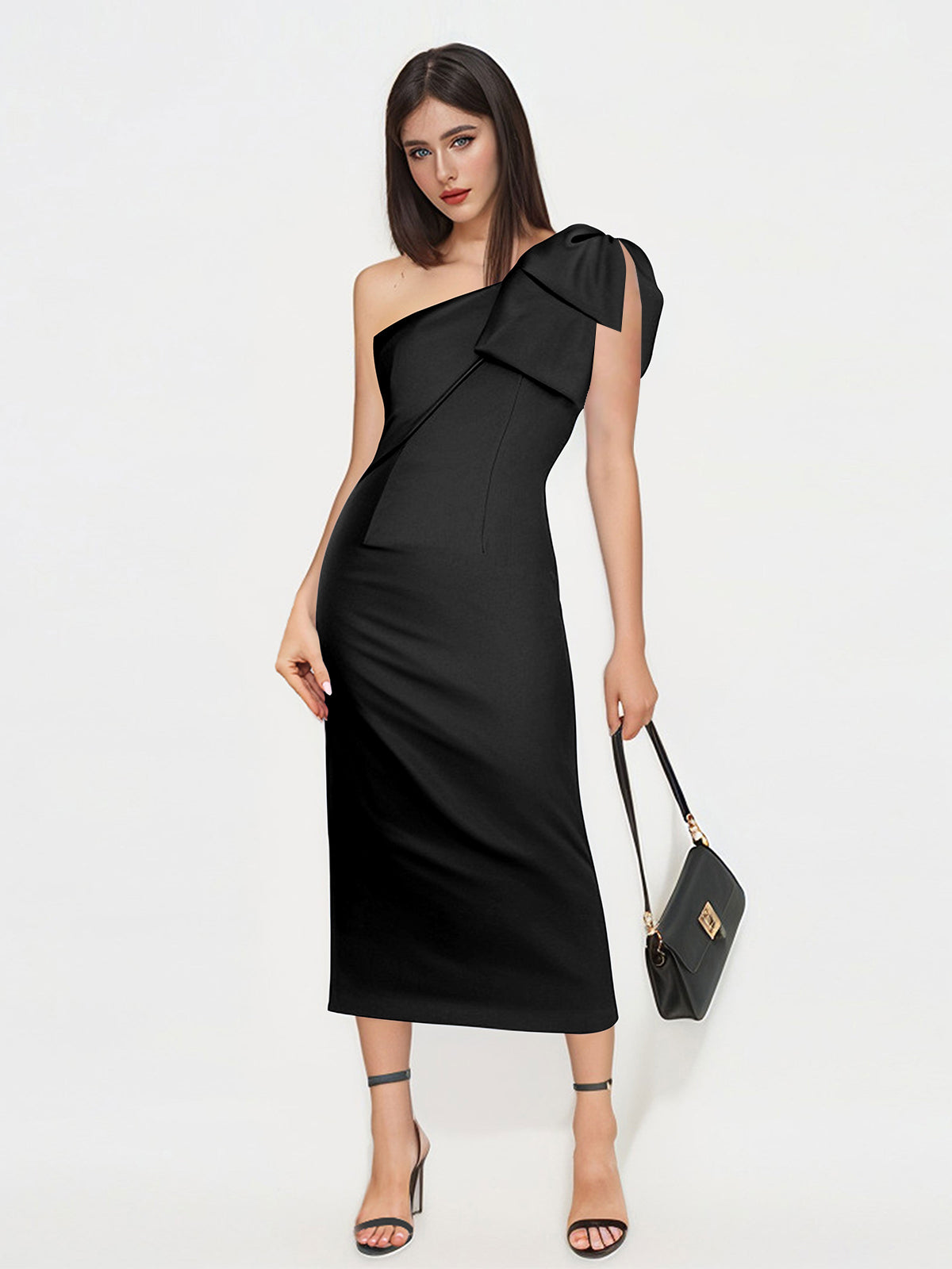 Reina Stylish Column One Shoulder Bow Midi Wedding Guest Dresses
