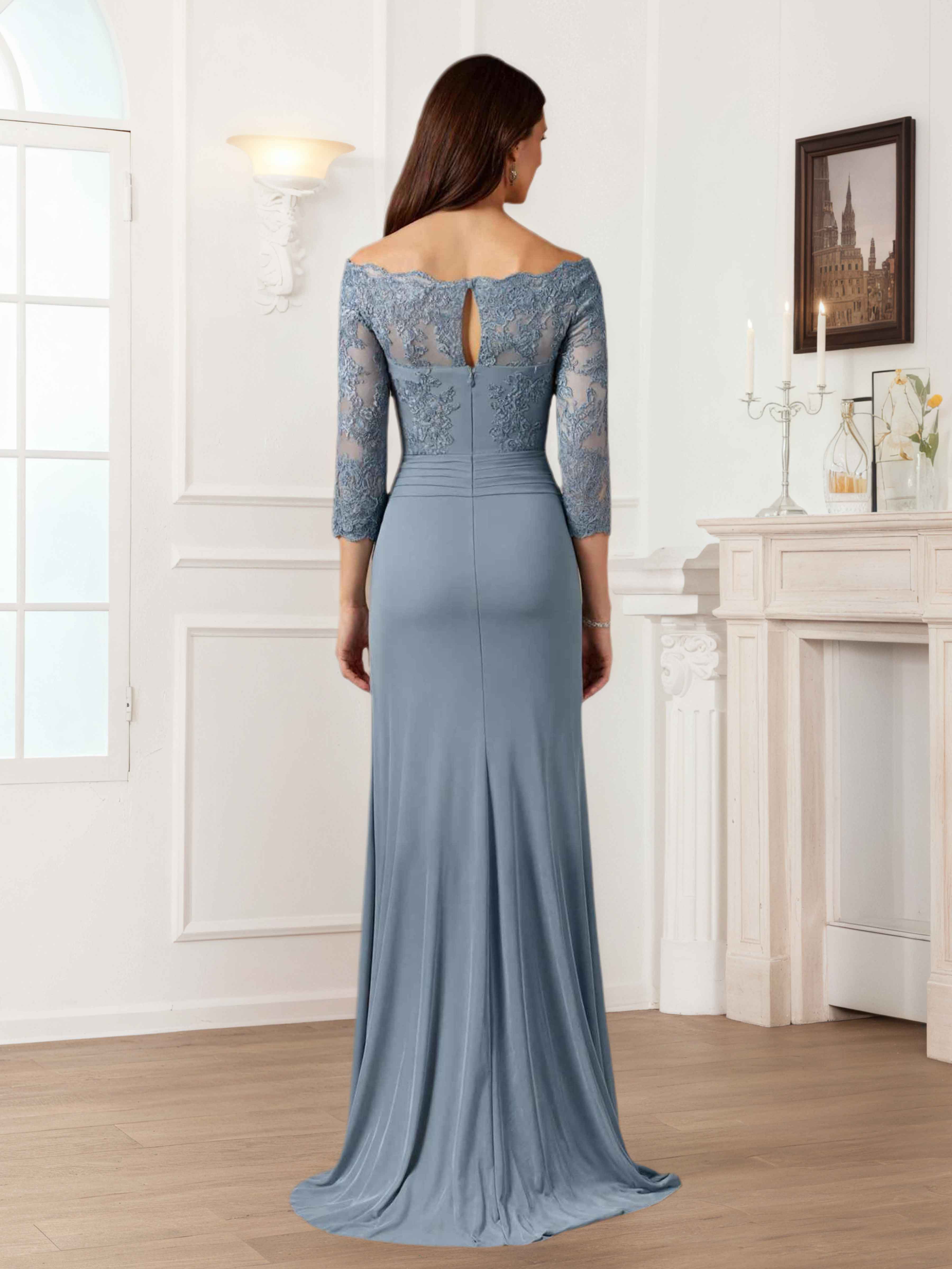 Riva Unique Off the Shoulder Pleated Long Lace Chiffon Mother of the Bride Dresses