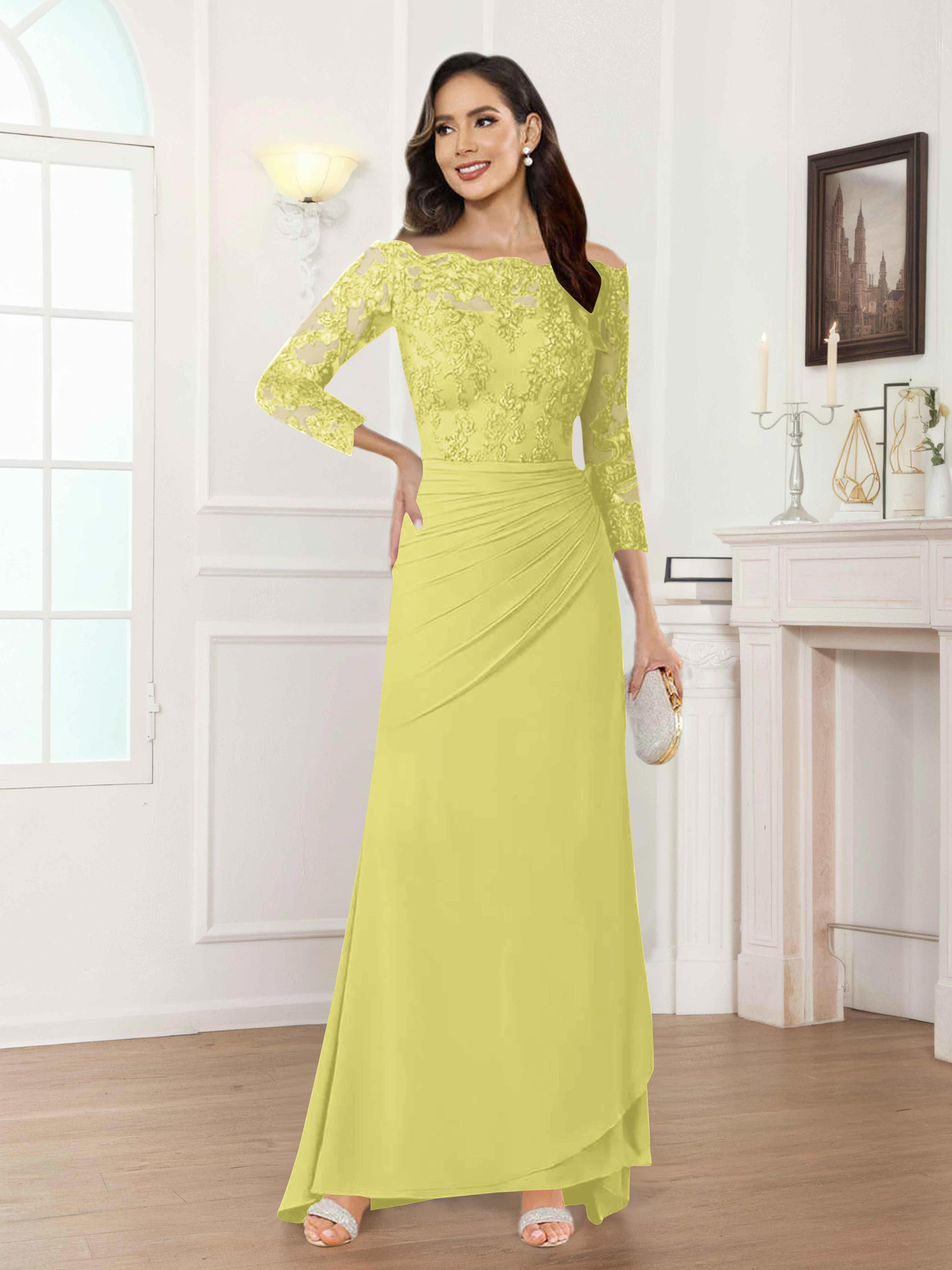 Riva Unique Off the Shoulder Pleated Long Lace Chiffon Mother of the Bride Dresses